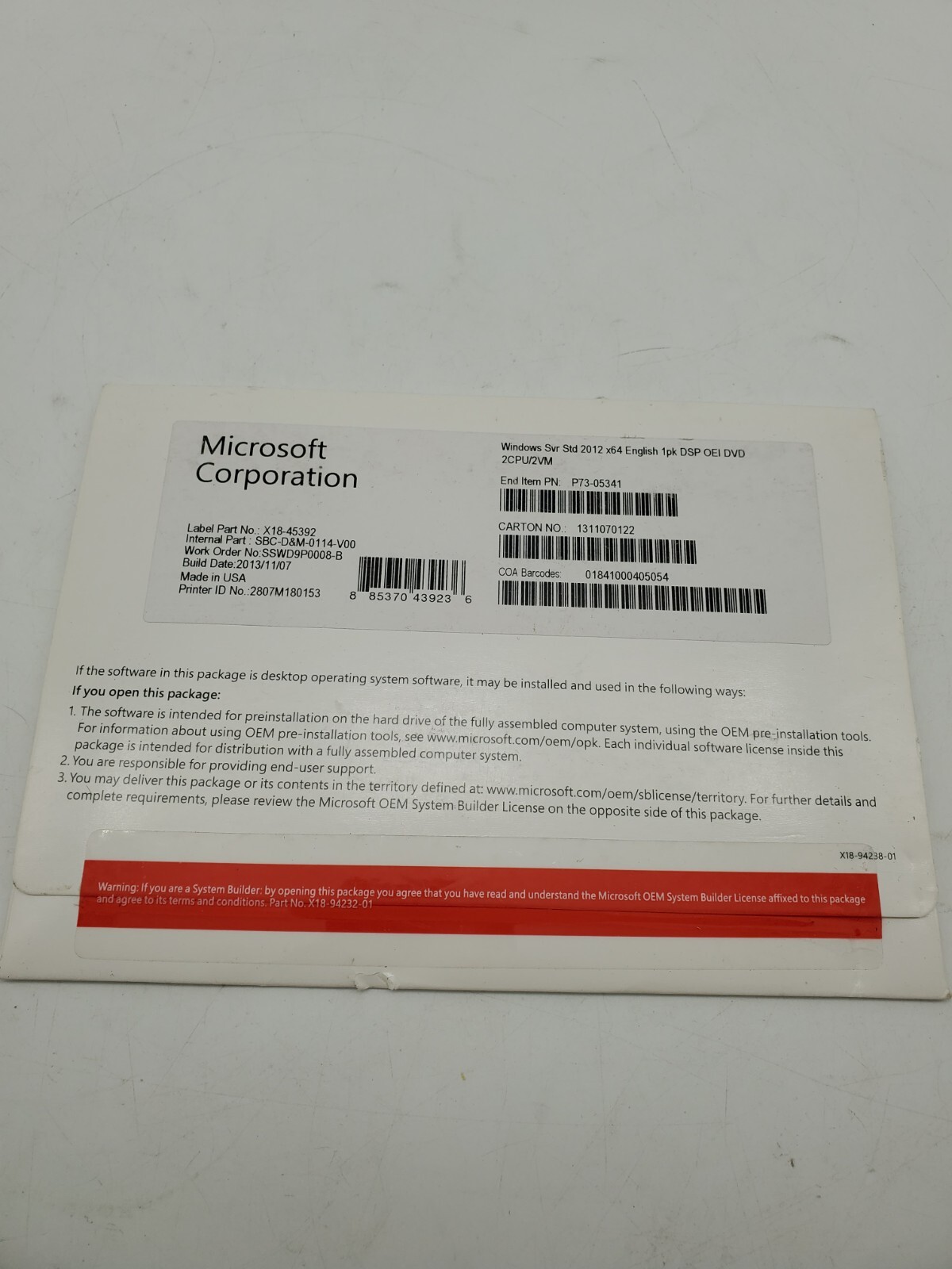 Microsoft Windows SVR STD 2012 x64 English Software DVD 2CPU/2VM