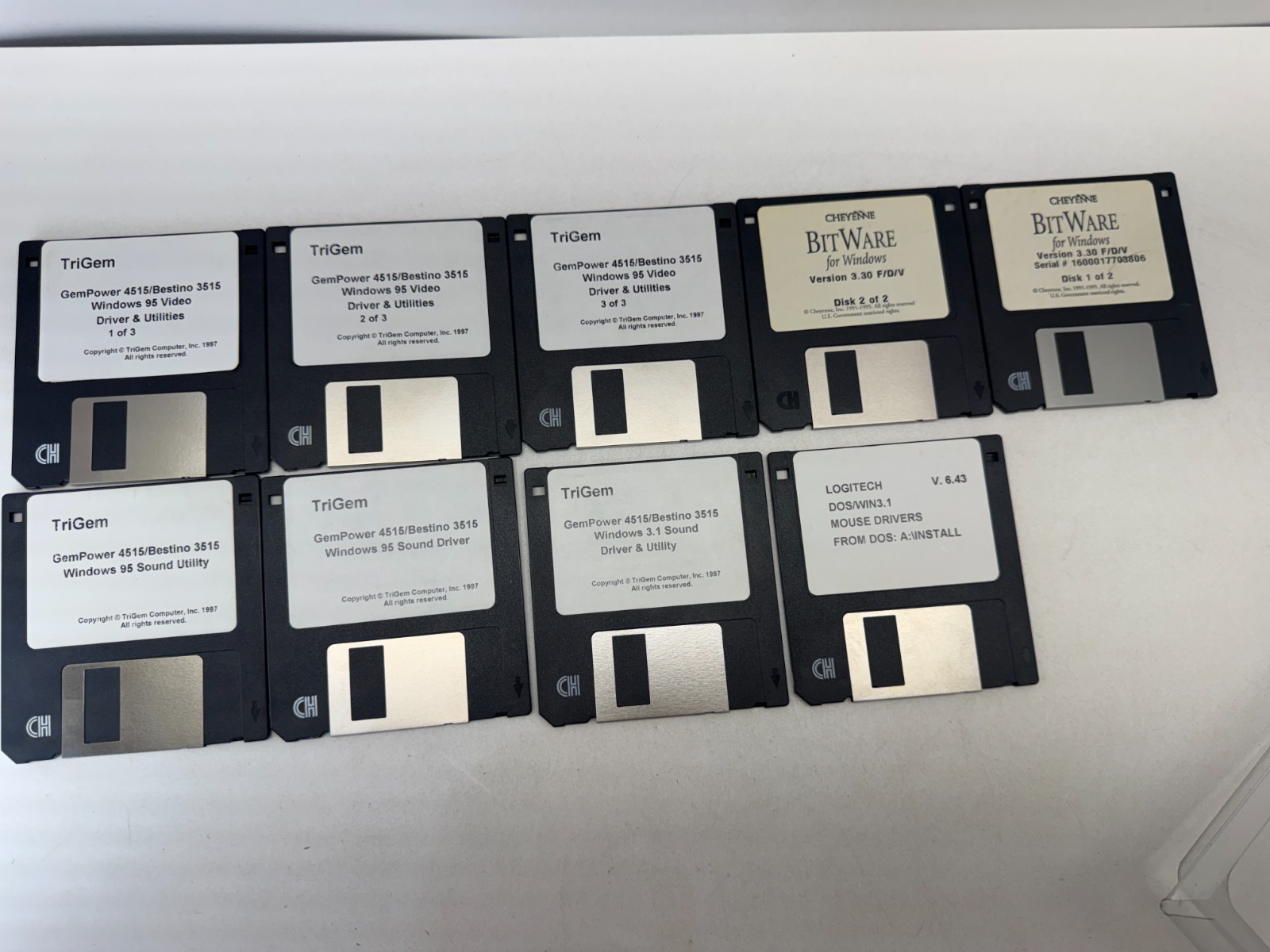 Vintage 3.5″ Floppy Disk Lot 9x TriGem Windows 95 Drivers Logitech BitWare DOS