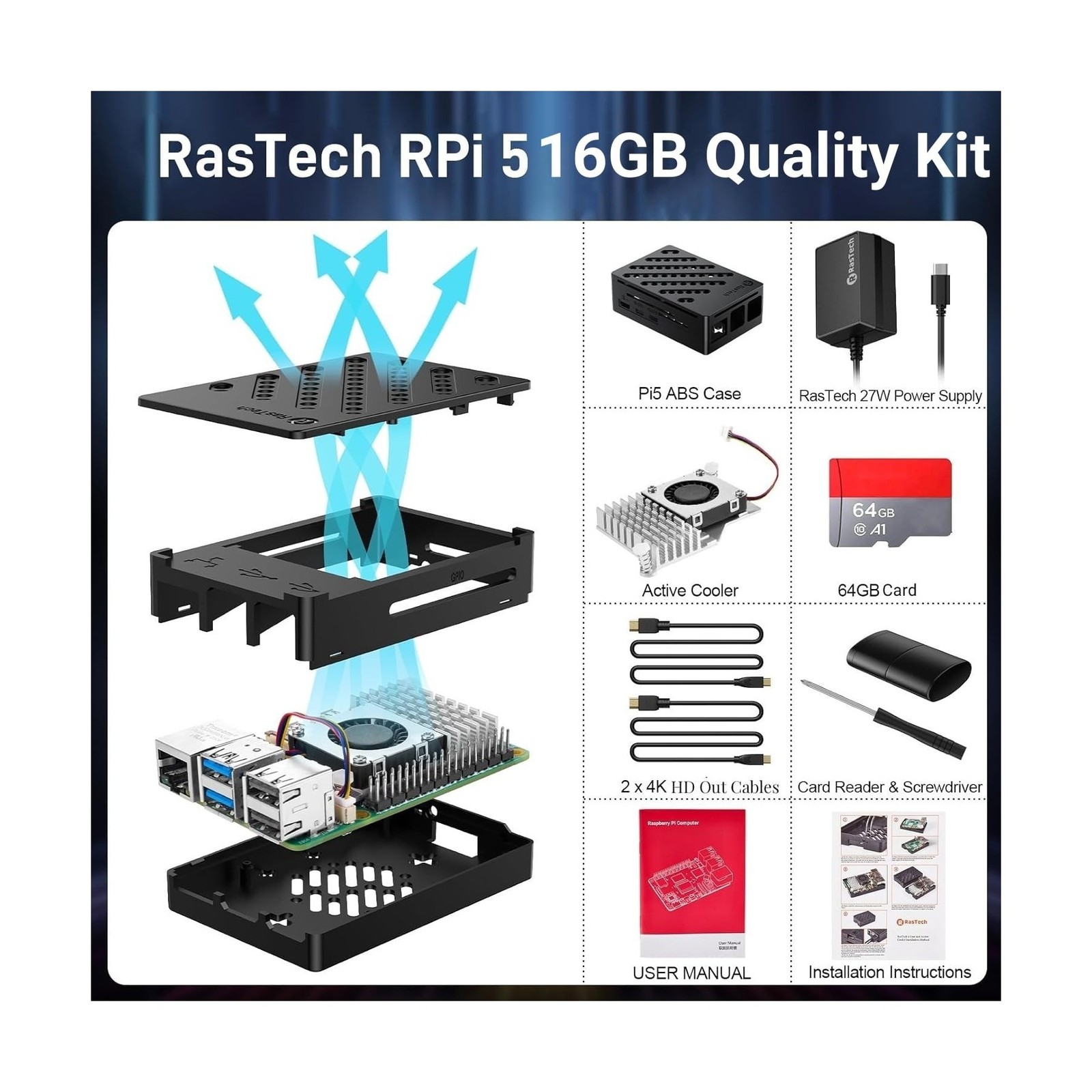 RasTech Raspberry Pi 5 16GB Kit 64GB Edition with Active Cooler,GaN 27W 5.1V5…