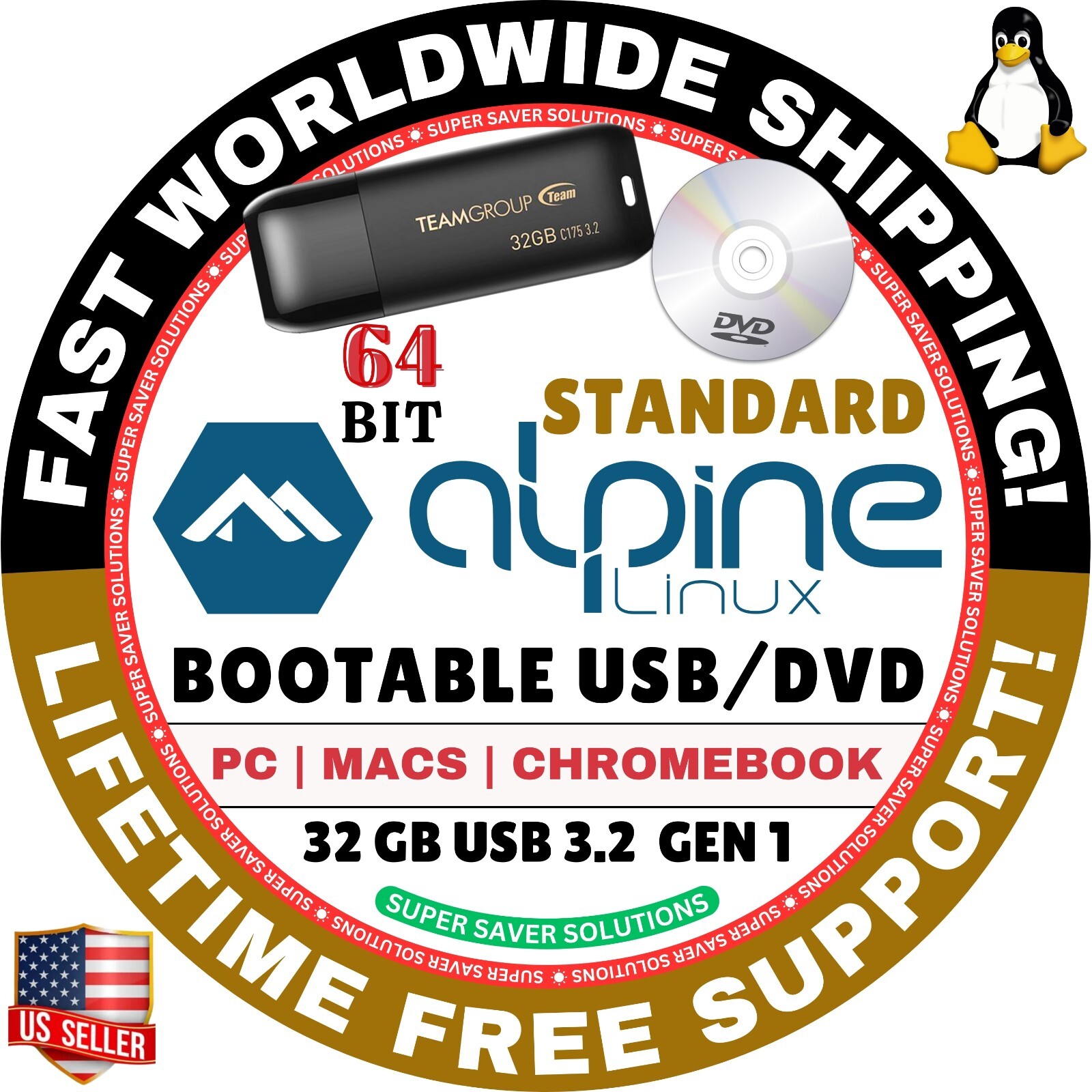 ALPINE LINUX OS STANDARD EXTENDED 64-BIT LIVE BOOT USB, FULL INSTALL for MAC, PC
