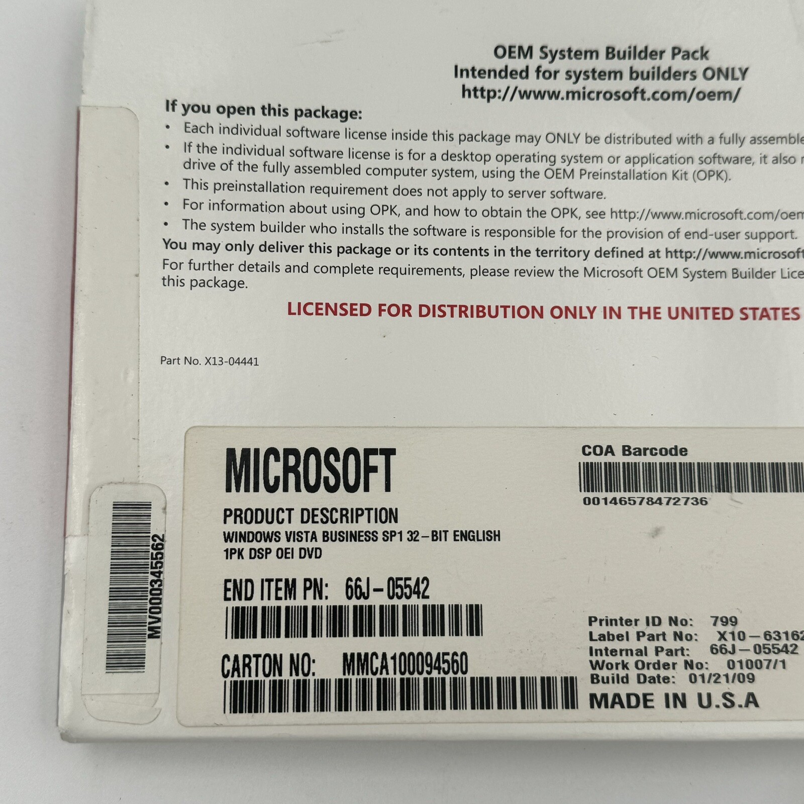 Microsoft OEM System Builder Pack Windows Vista Business SP1 32 BIT X13-04441