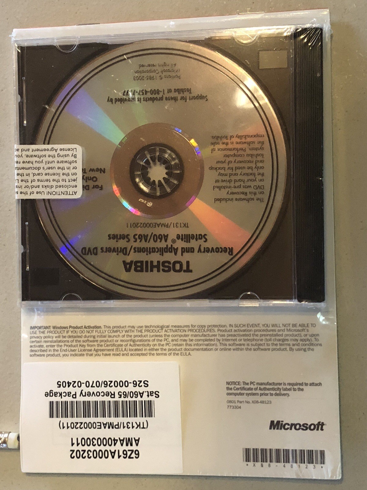 Toshiba Satellite A60 A65 Recovery Application DVD Windows XP Home NEW
