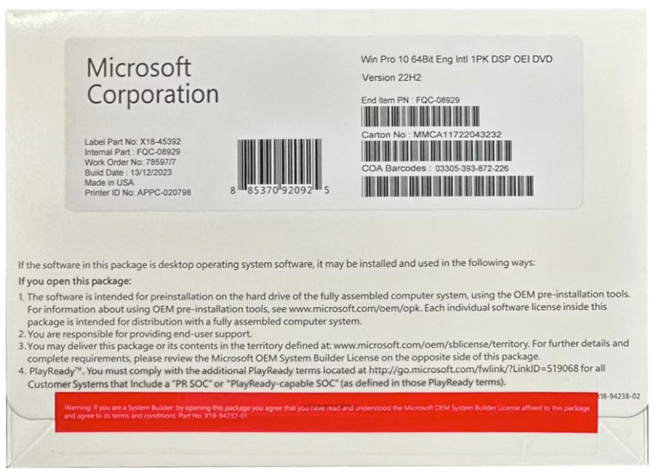Microsoft Windows 10 Professional Printable Version for Windows (FQC-08929)