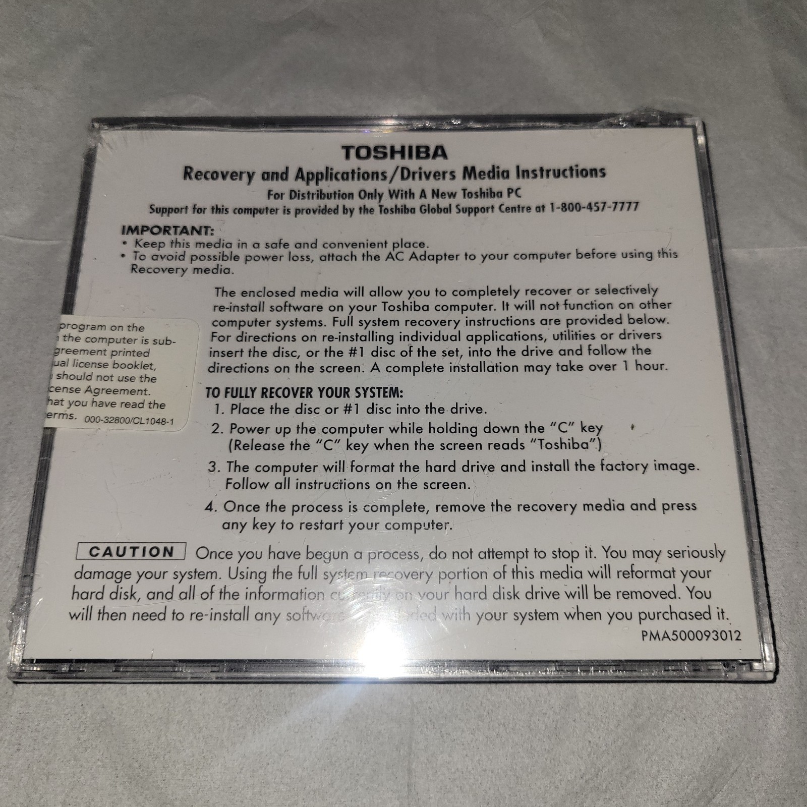 BRAND NEW SEALED Toshiba Satellite U400 Recovery & Applications DVD Disc 1