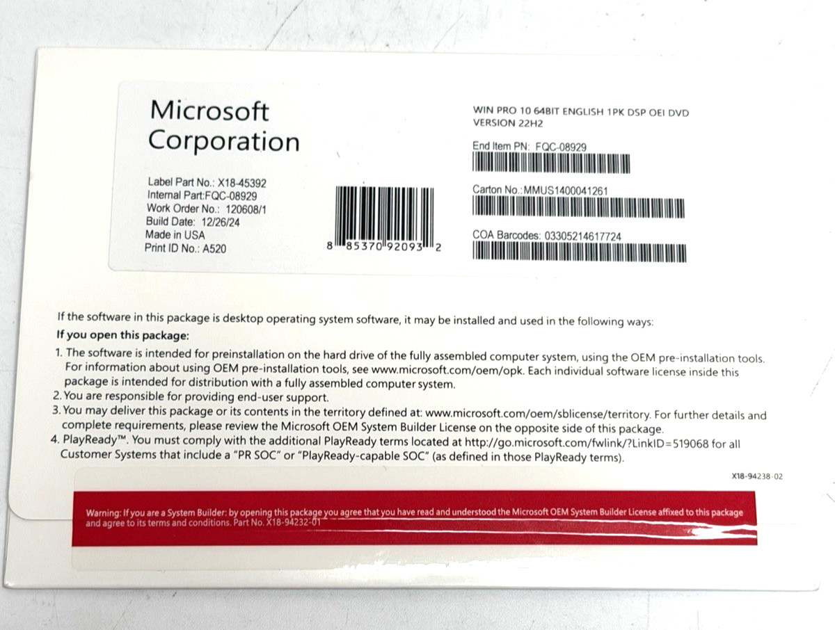 Microsoft Windows Original Win 10 Pro 64 Bit Software Factory Sealed
