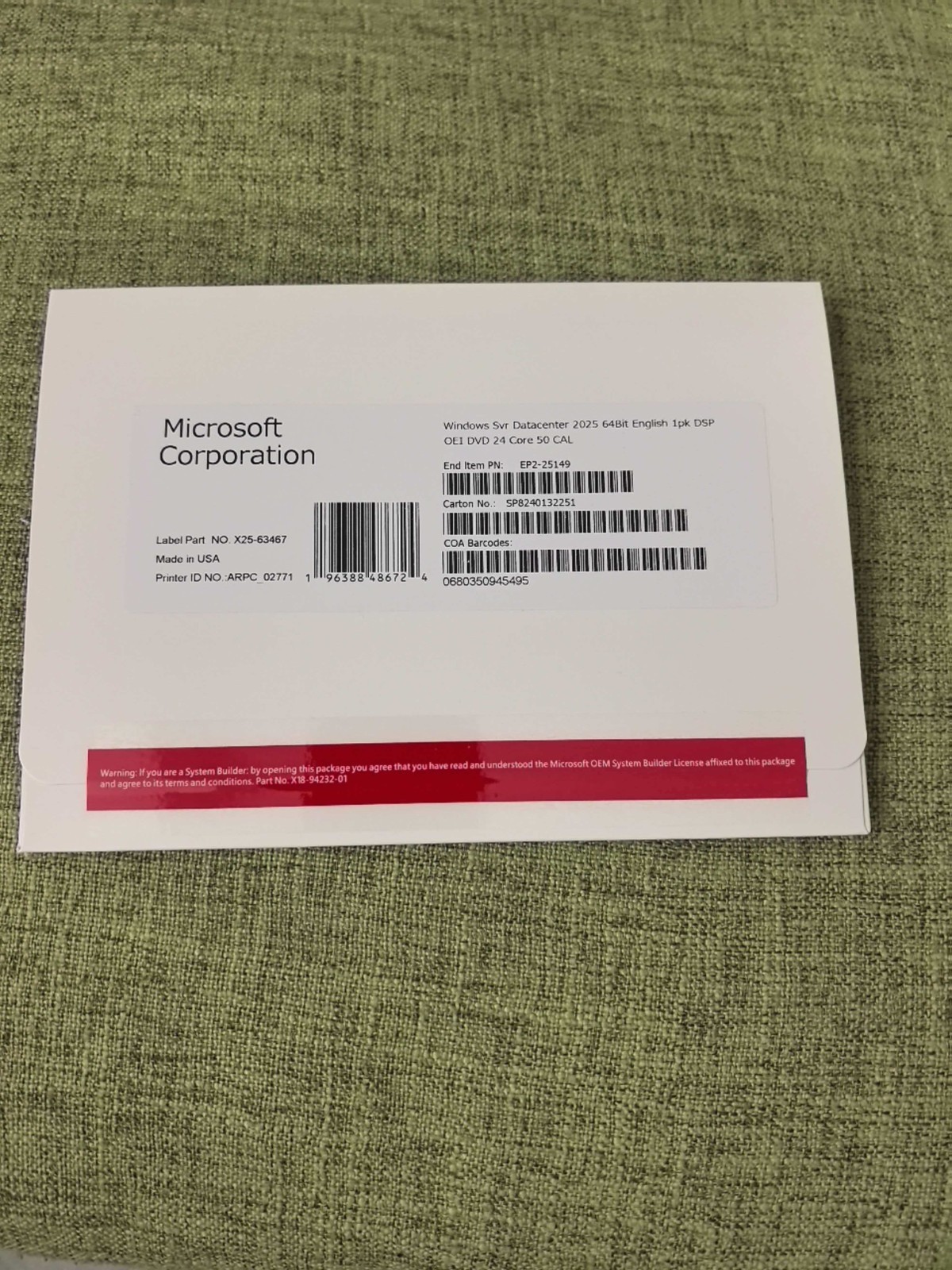 Microsoft Windows Server 2025 Datacenter 24-Core 50CAL 1PK DVD + KEY Kit