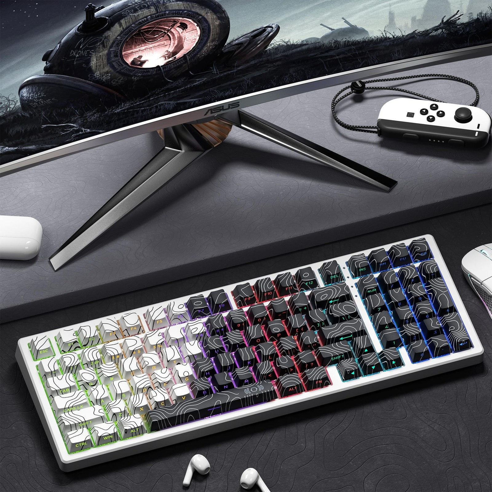 XVX Topographic PBT Keycaps, Shine Through Keyboard Keycaps, White/Black Cher…