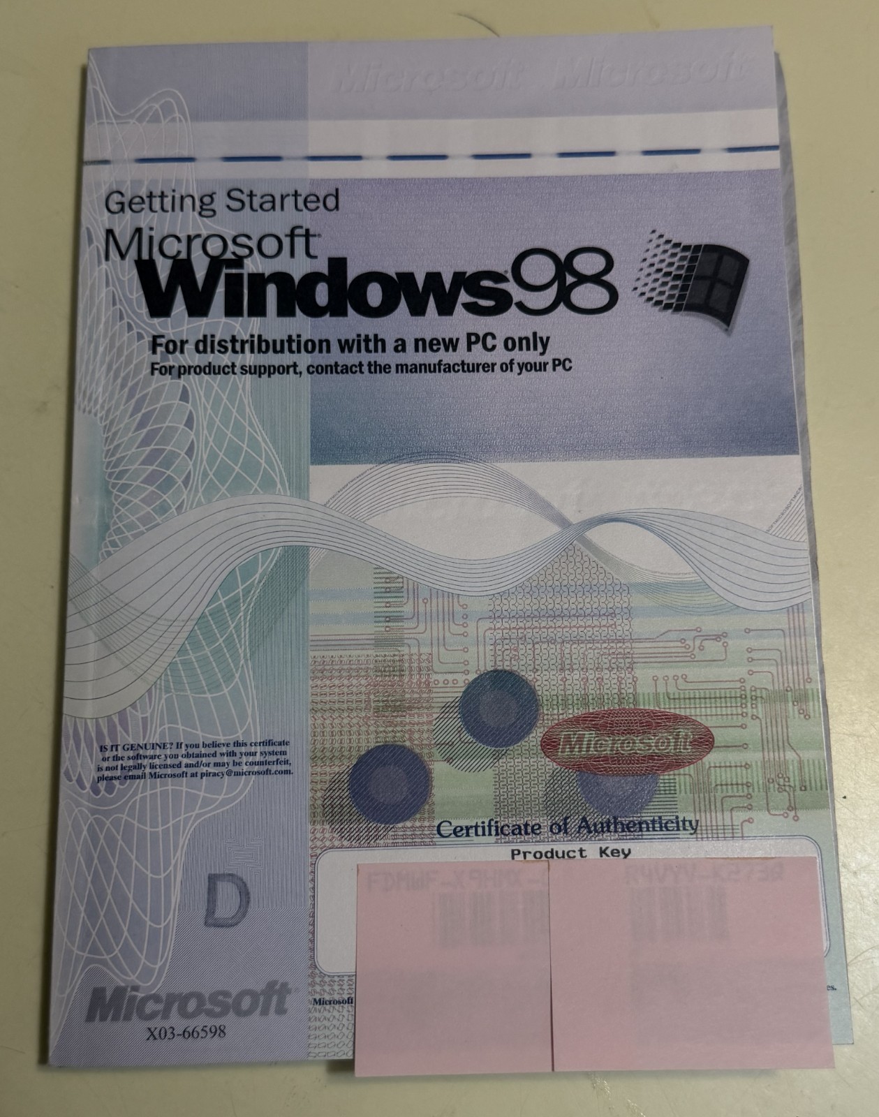 MICROSOFT WINDOWS 98 Product Key Only – No Disc