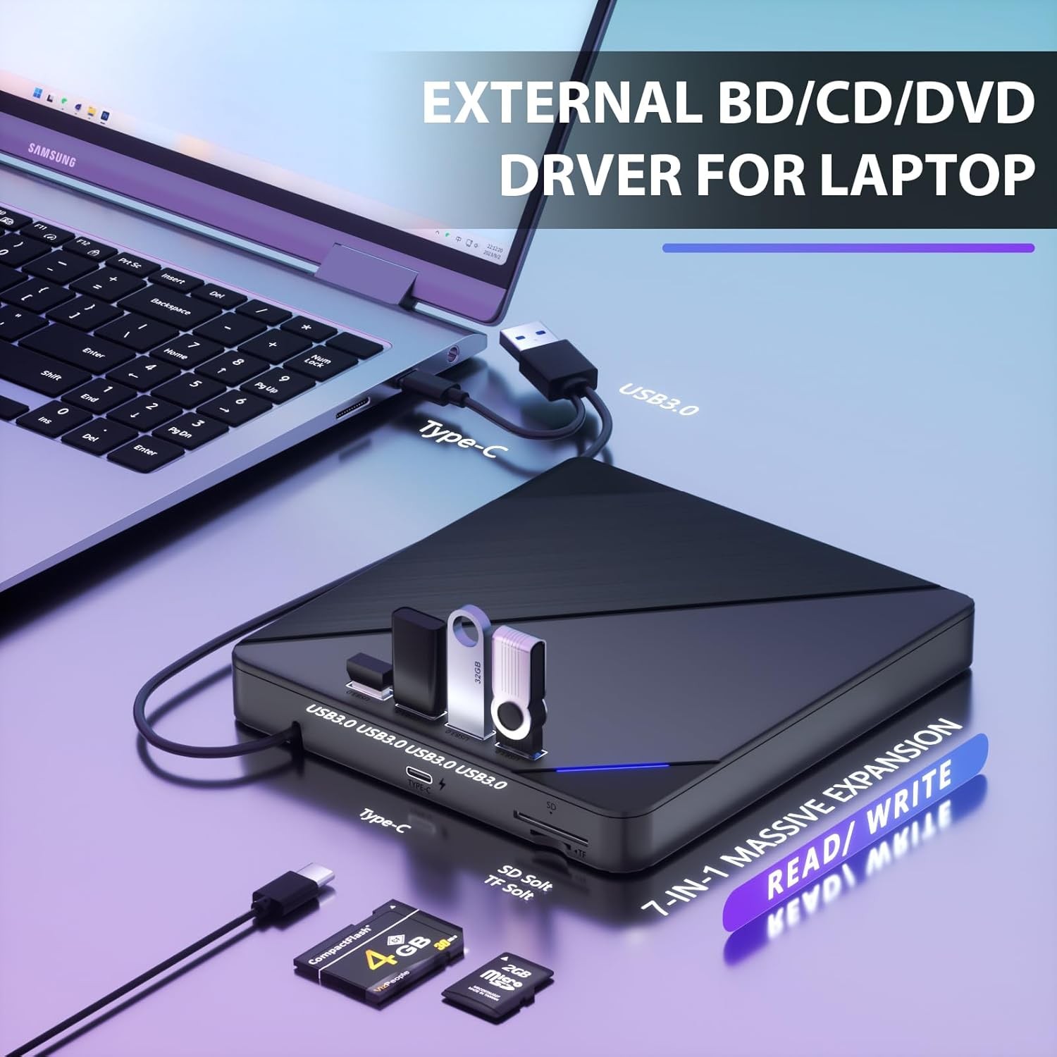 External Blu ray Drive, 7 in 1 Support 100G Disc R/W, USB3.0 Type-C Bluray Drive
