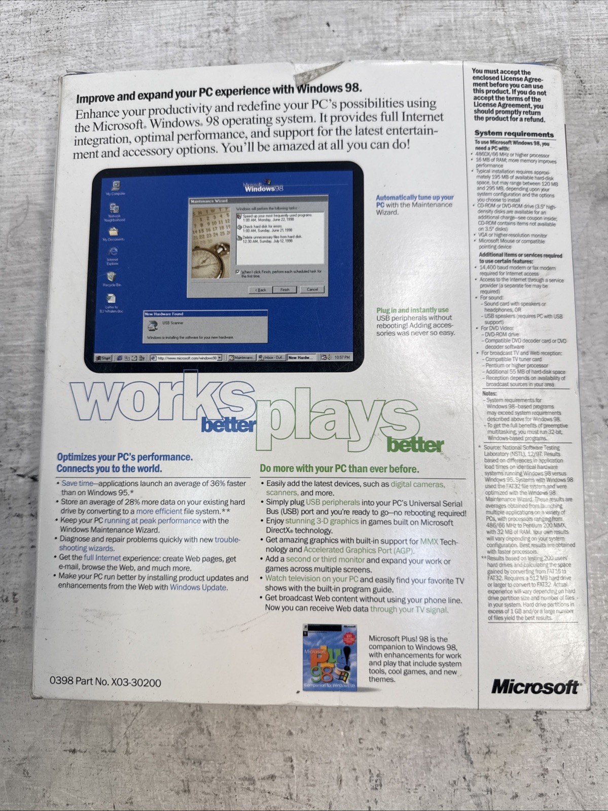 MICROSOFT WINDOWS 98 UPGRADE NEW VERSION 0398 Part X03-30200 Vintage