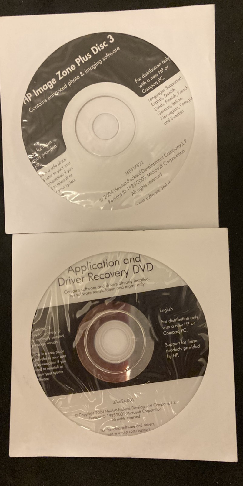 HP Application, Driver Recovery and Image DVDS for Windows 2004 No Product Key