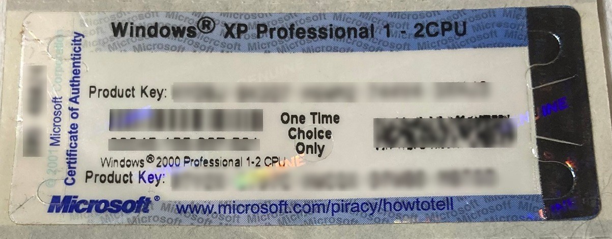 Microsoft Windows XP Professional / 2000 – Product Key Sticker COA