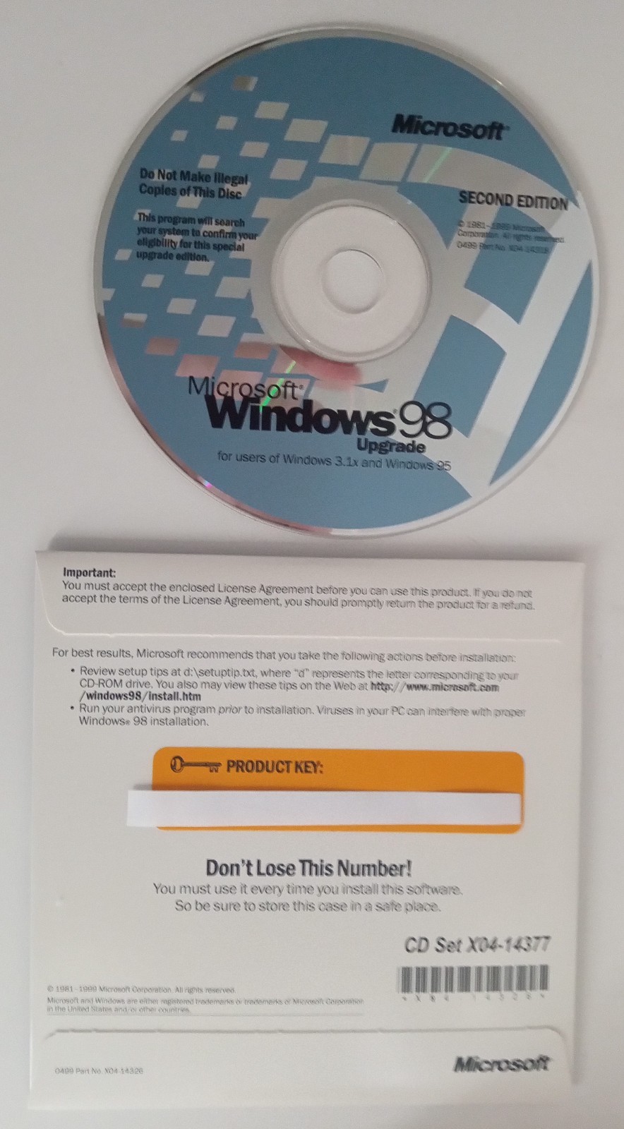 Microsoft Windows 98 Upgrade – Second Edition Installation Software With Key.