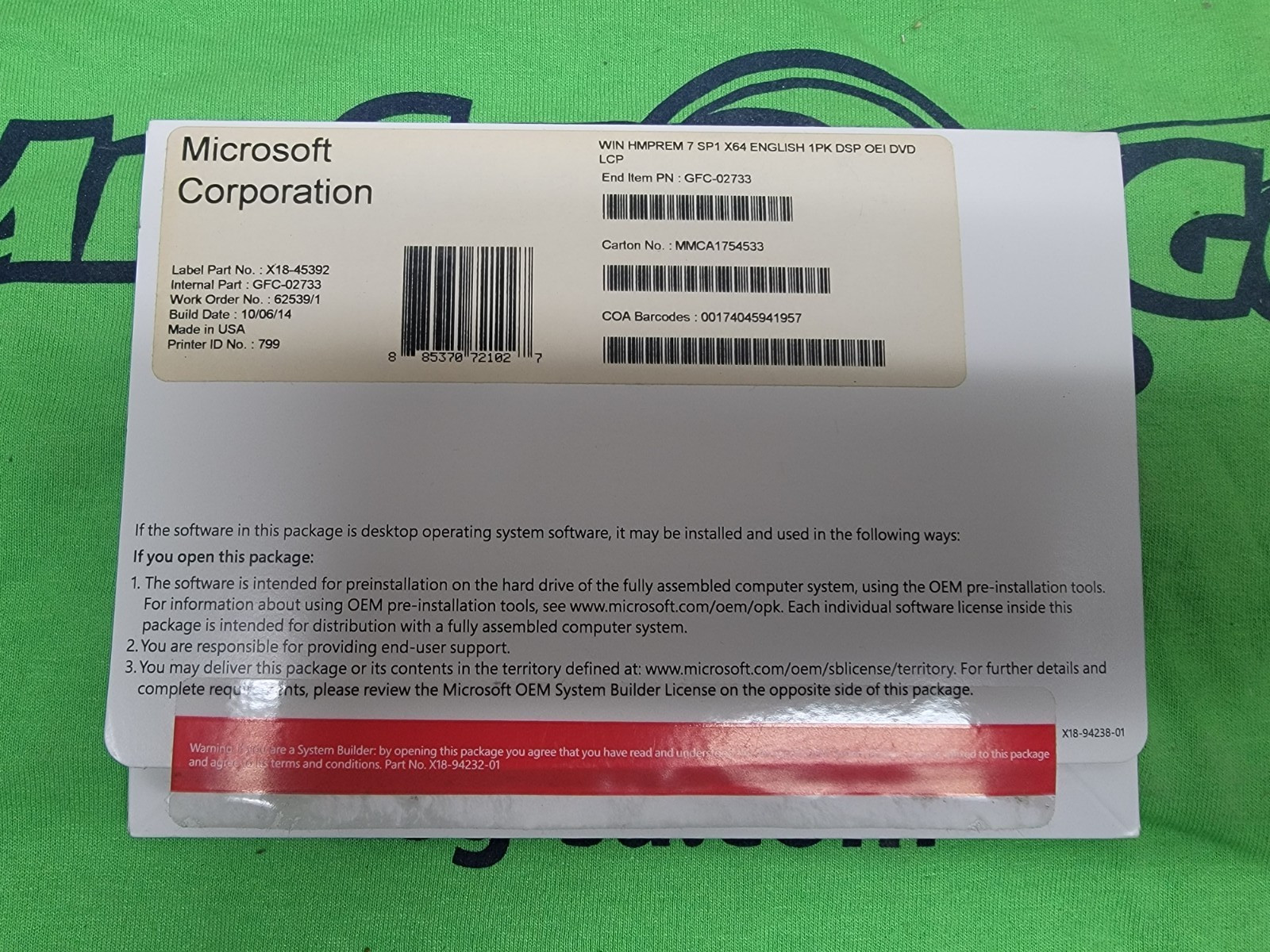 Windows 7 HOME PREMIUM SP1 X64 ENGLISH 1PK DSP OEI DVD LCP