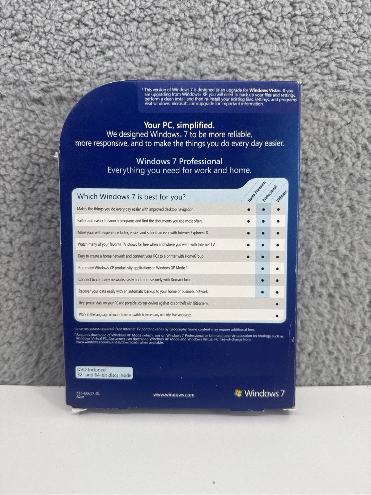 Microsoft Windows 7 Professional Upgrade 32 Bit and 64 Bit DVD MS WIN PRO=RETAIL