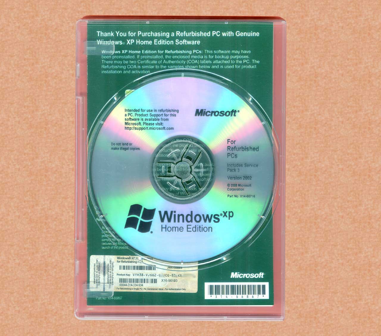 NEW Windows XP Home Edition SP3 RFB Full Version CD Disc & Product Key on COA