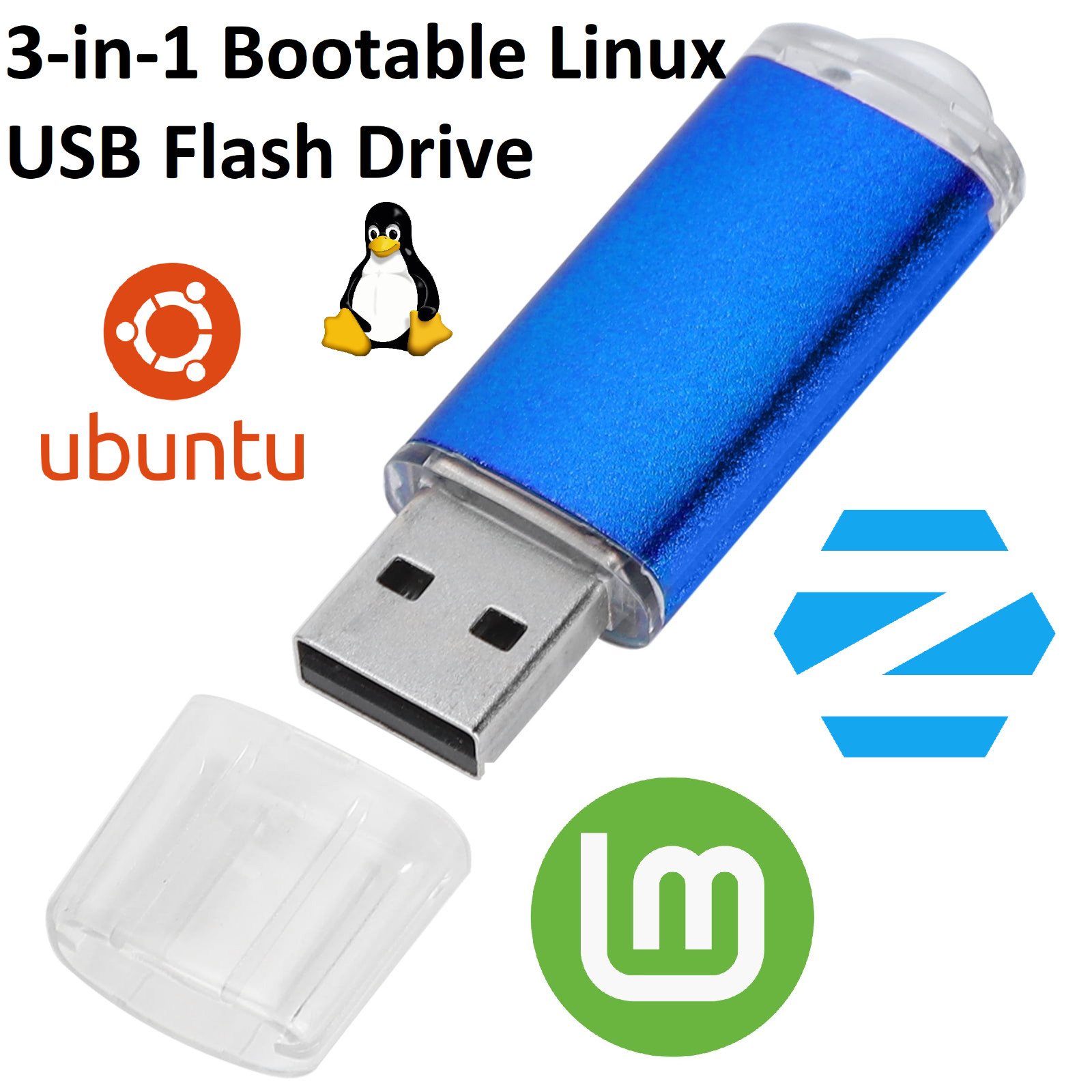 * Try/Install Linux : 3-in-1 Bootable USB Flash Drive – Mint, Ubuntu, Zorin OS *