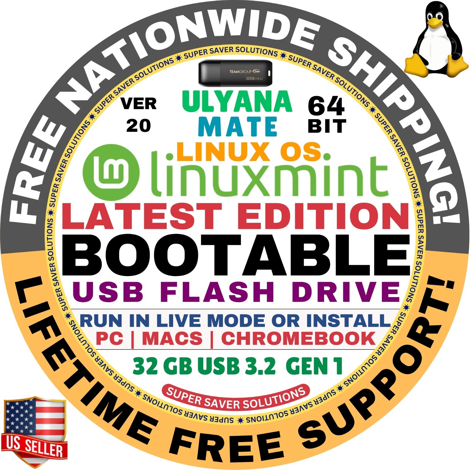 Linux MINT 20 USB Ulyana, Mate, 64-Bit Live Boot, Full Install for MAC, PC