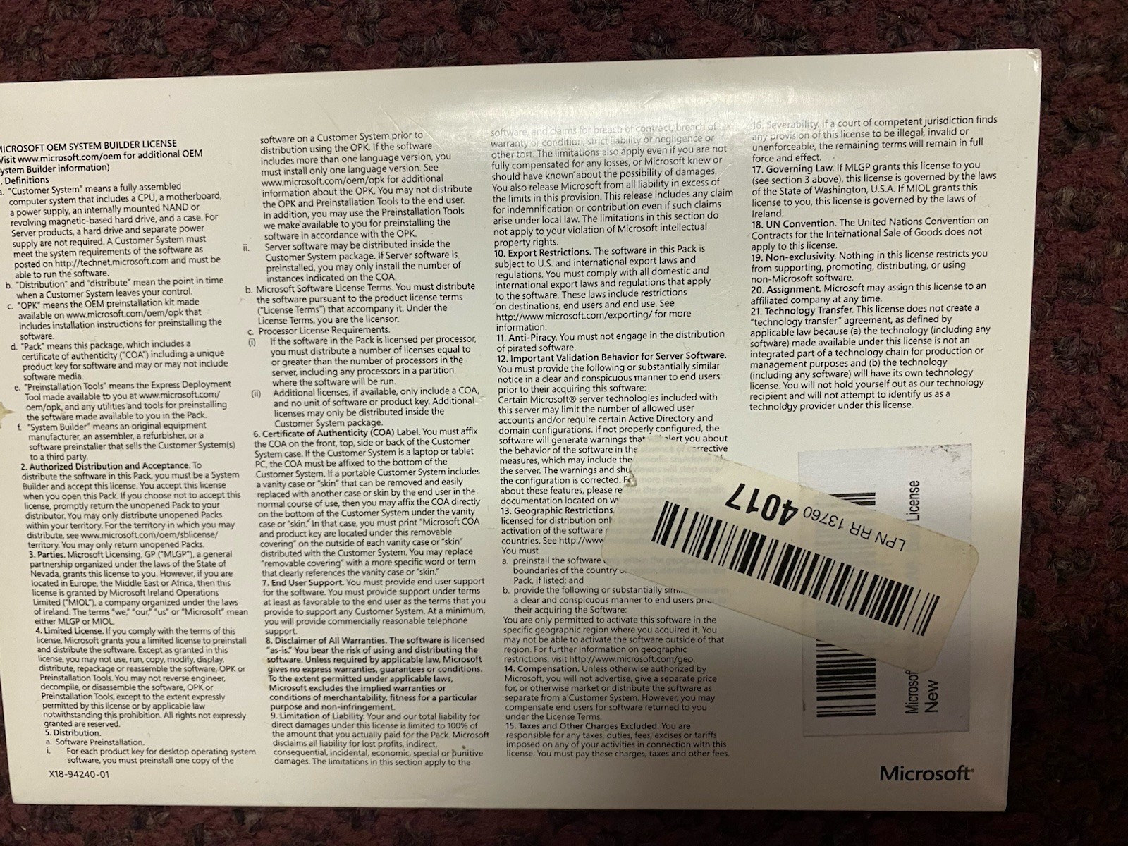 X18-45392 Microsoft Windows SVR STD 2012 x64 English Software DVD 2CPU/2VM