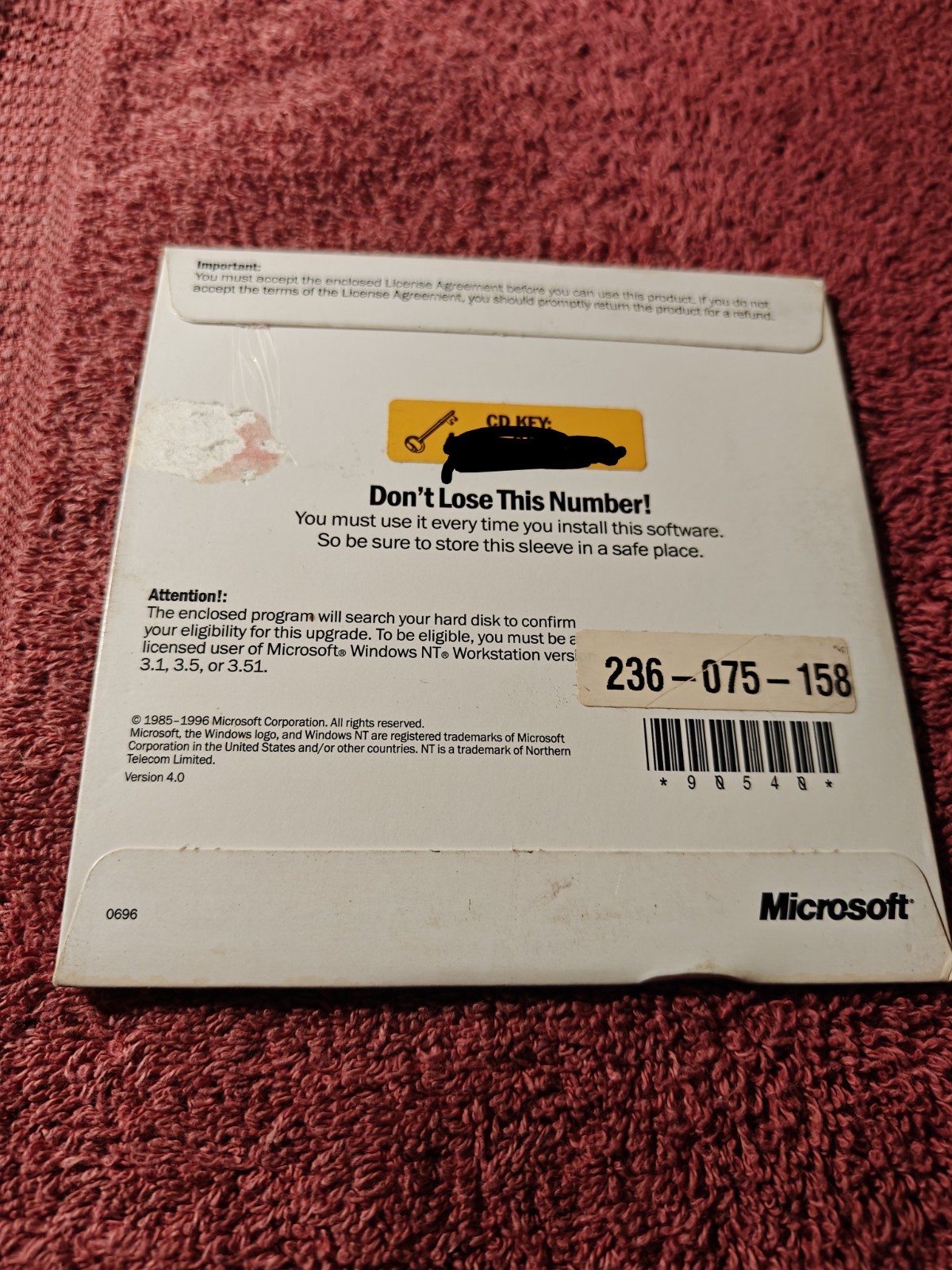 Microsoft Windows NT Workstation Upgrade OS Version 4.0 Disc CD KEY Included