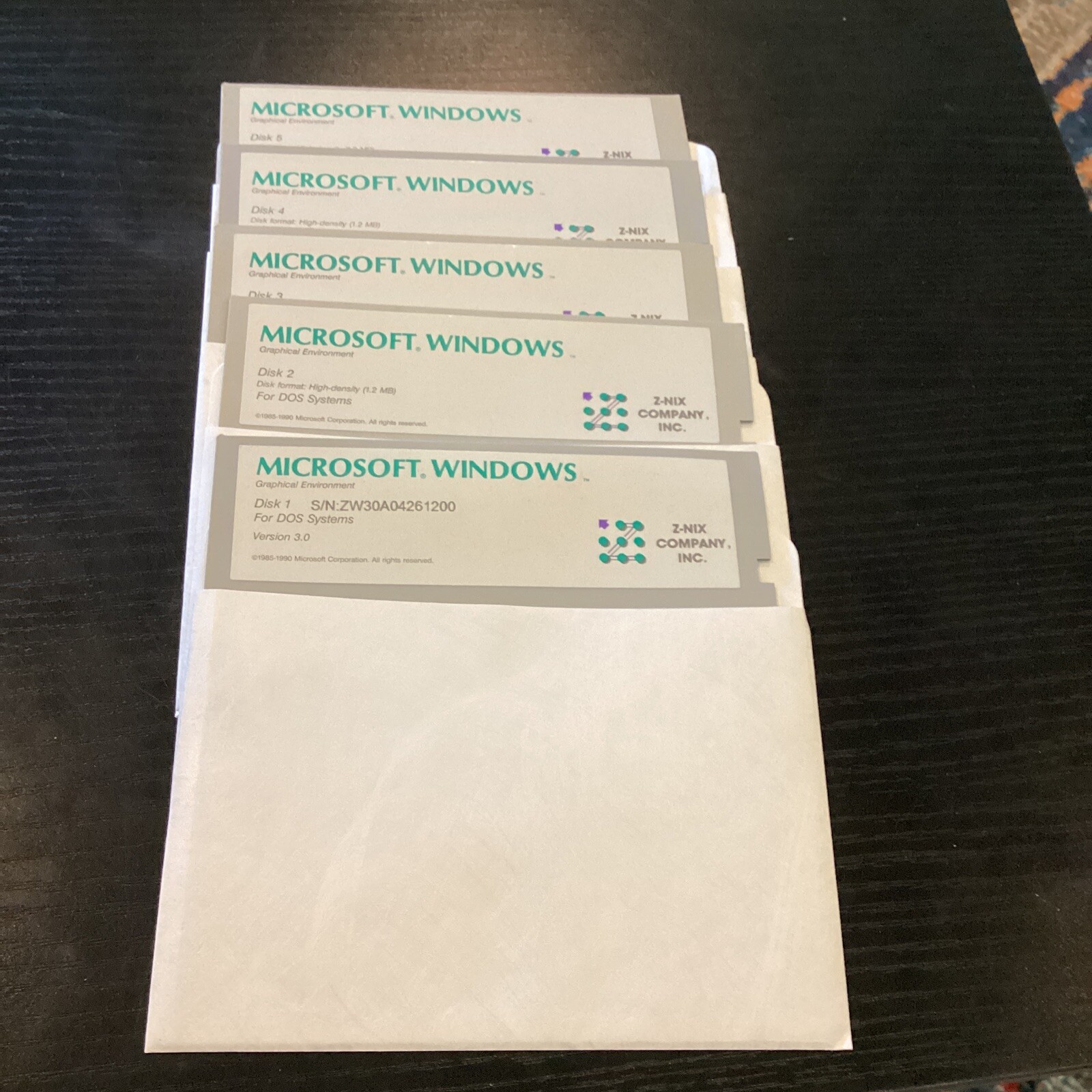 Lot of (5) Microsoft Windows for DOS Systems Version 3.0 5.25″ Floppy Disks