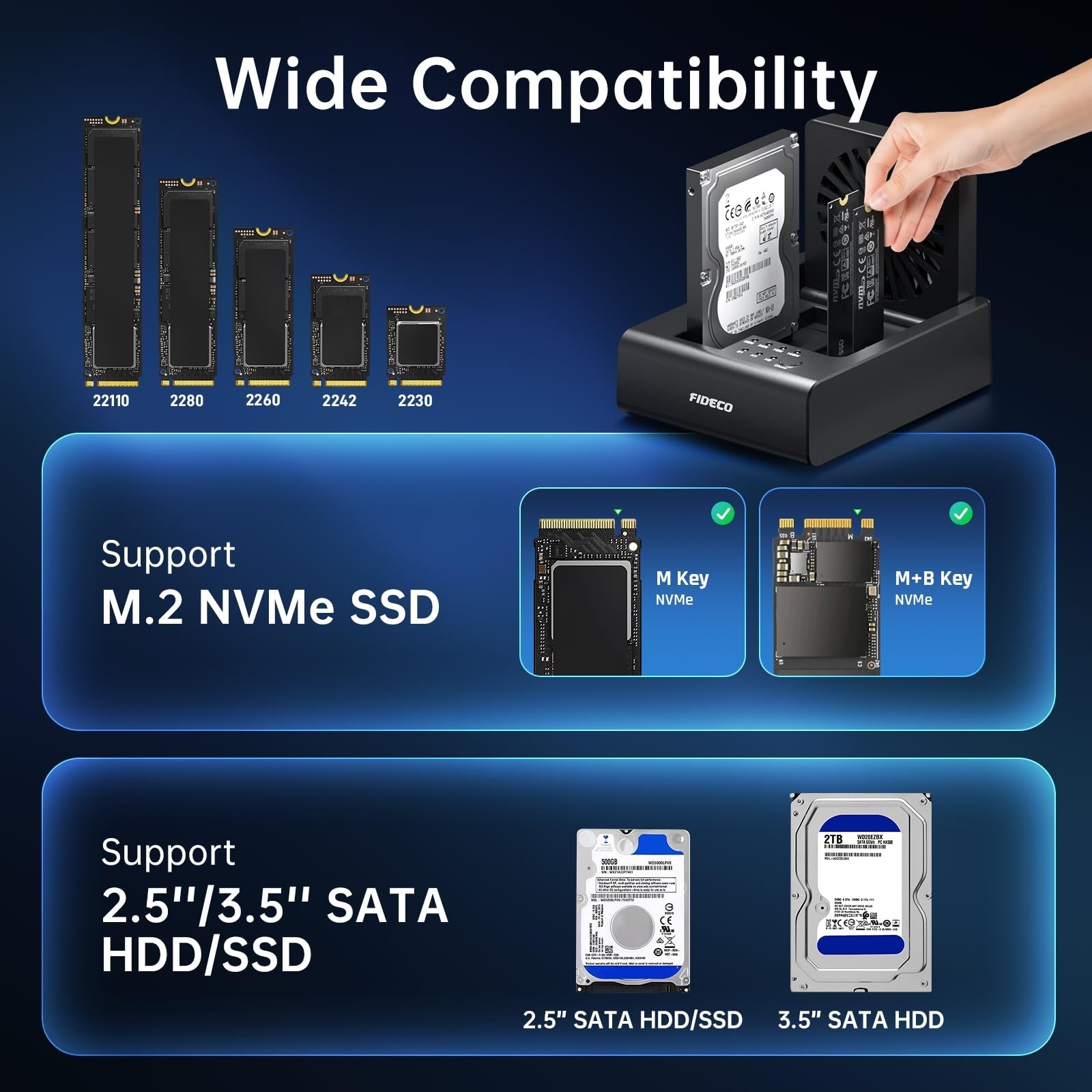 FIDECO M.2 NVMe SSD Cloner and Duplicator, 3-Bay Hard Drive Cloner Dock for M…