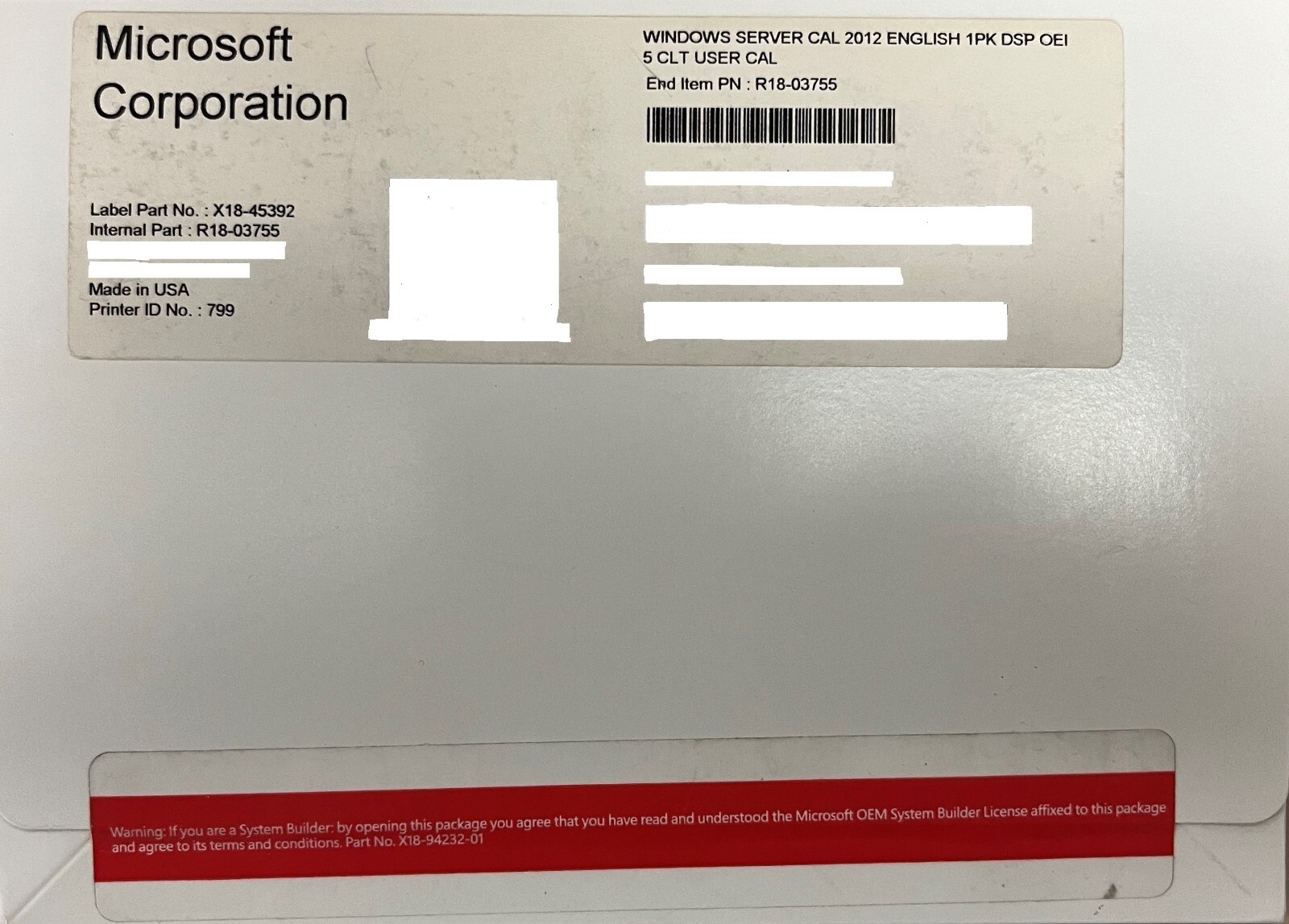 Microsoft Windows Server CAL 2012 English 1PK DSP OEI 5 CLT USER CAL #R18-03755