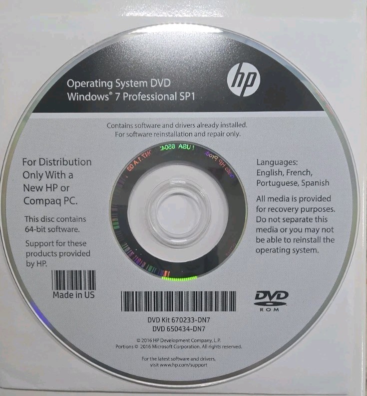 HP Operating System DVD – Windows 7 Pro SP1 64-bit DVDKIT 670233-DN7 No PROD KEY