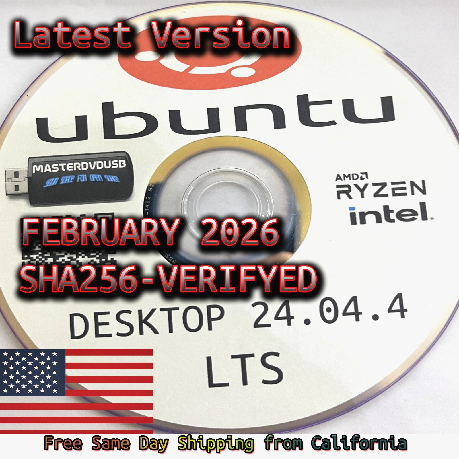 Ubuntu 24.04.4 LTS Install DVD – Works on PC & Intel Mac – Fast Free Shipping