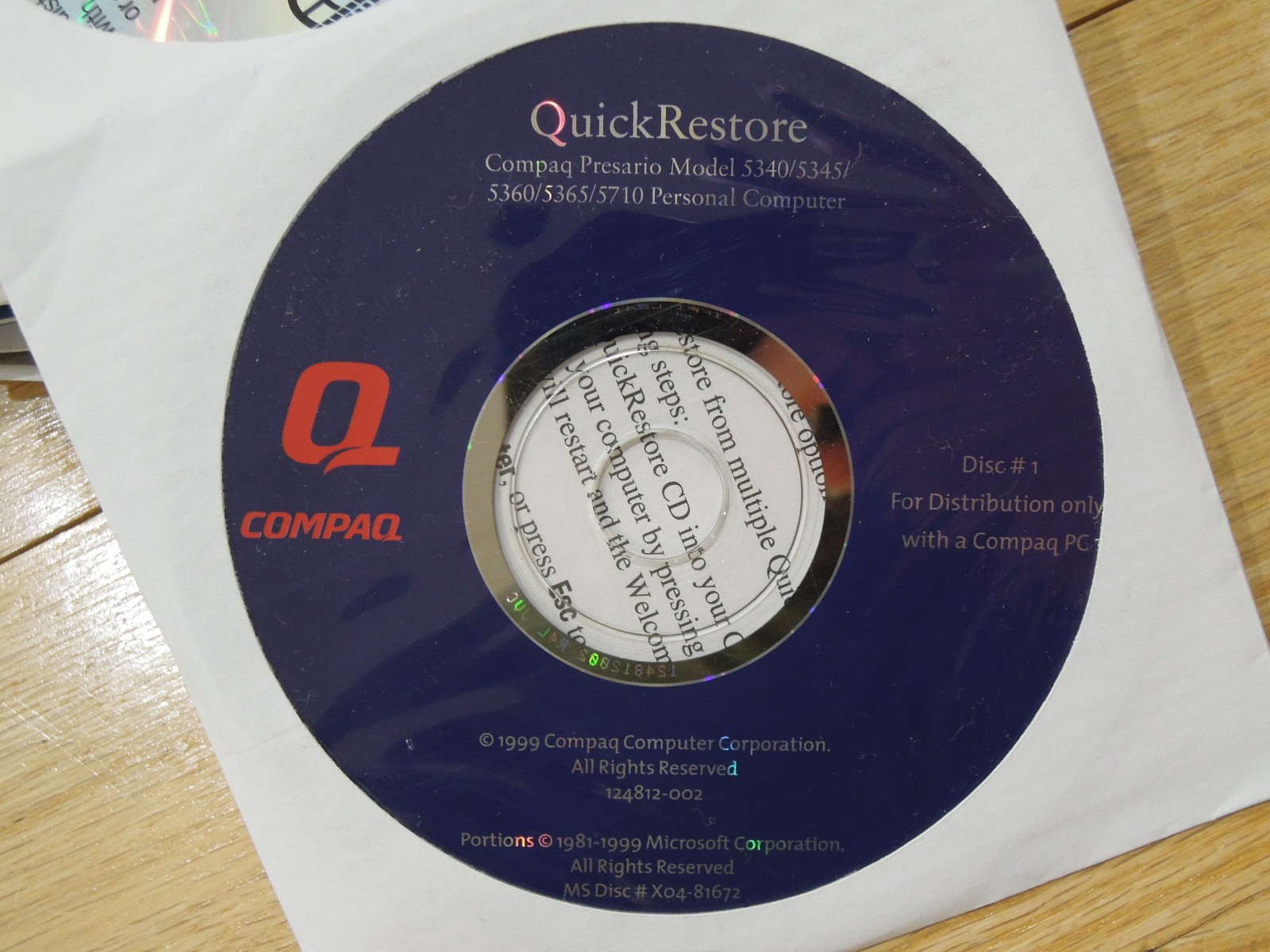 1999 New Compaq Presario Quick Restore CD Disc #1 5340 5345 5360 5365 5710