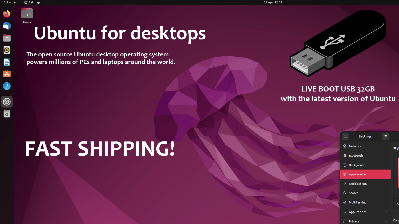 Ubuntu Linux 22.04.1 LTS Jellyfish 64x 32GB USB Bootable Live Install