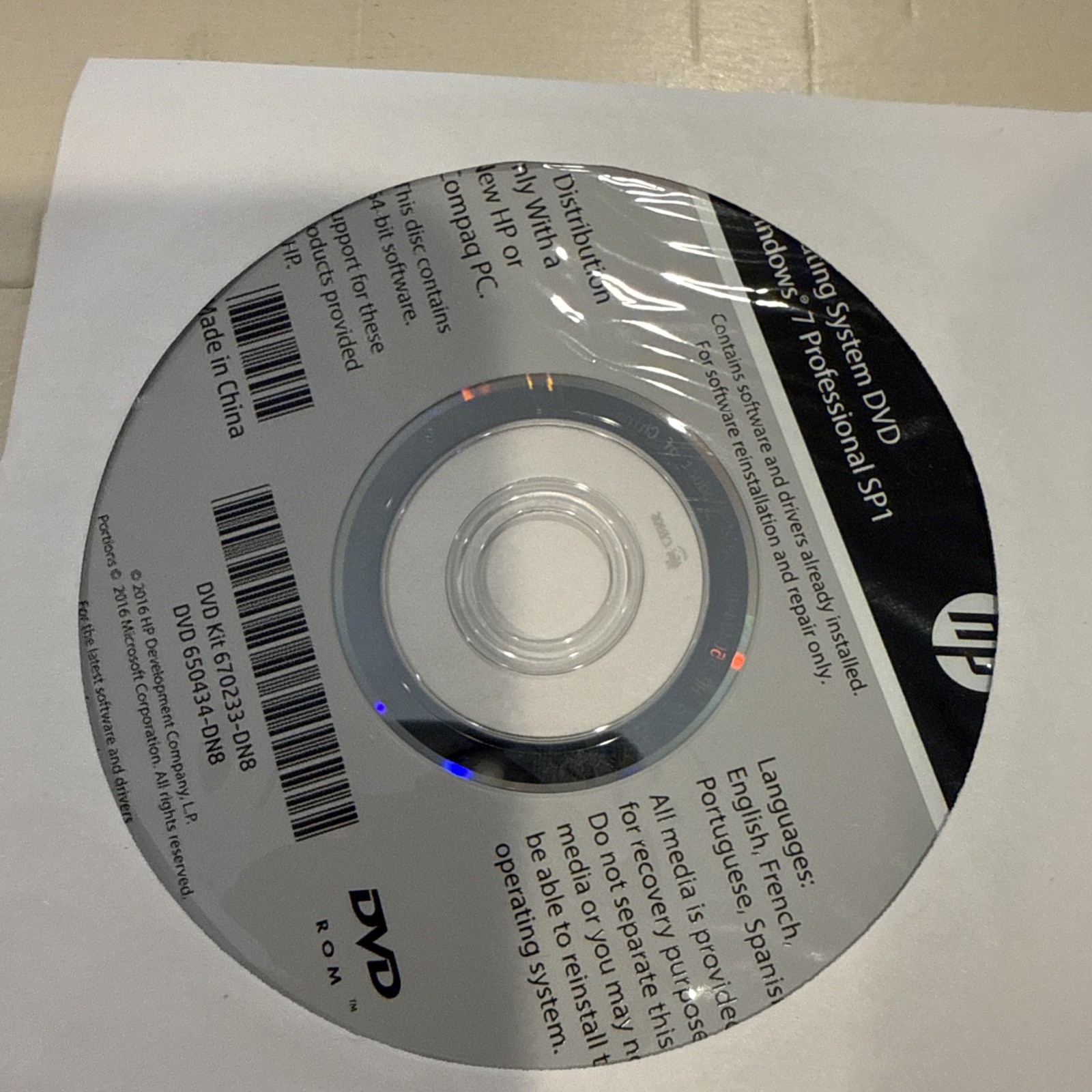 HP Operating System DVD Windows 7 Pro Sp1 64-bit No PRODUCT KEY System Recovery