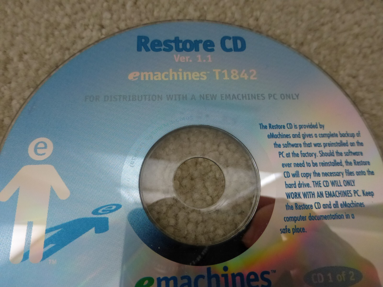 eMACHINES RESTORE BOOTABLE CD DISC VER 1.1 T1842 2 DISC SET OEM