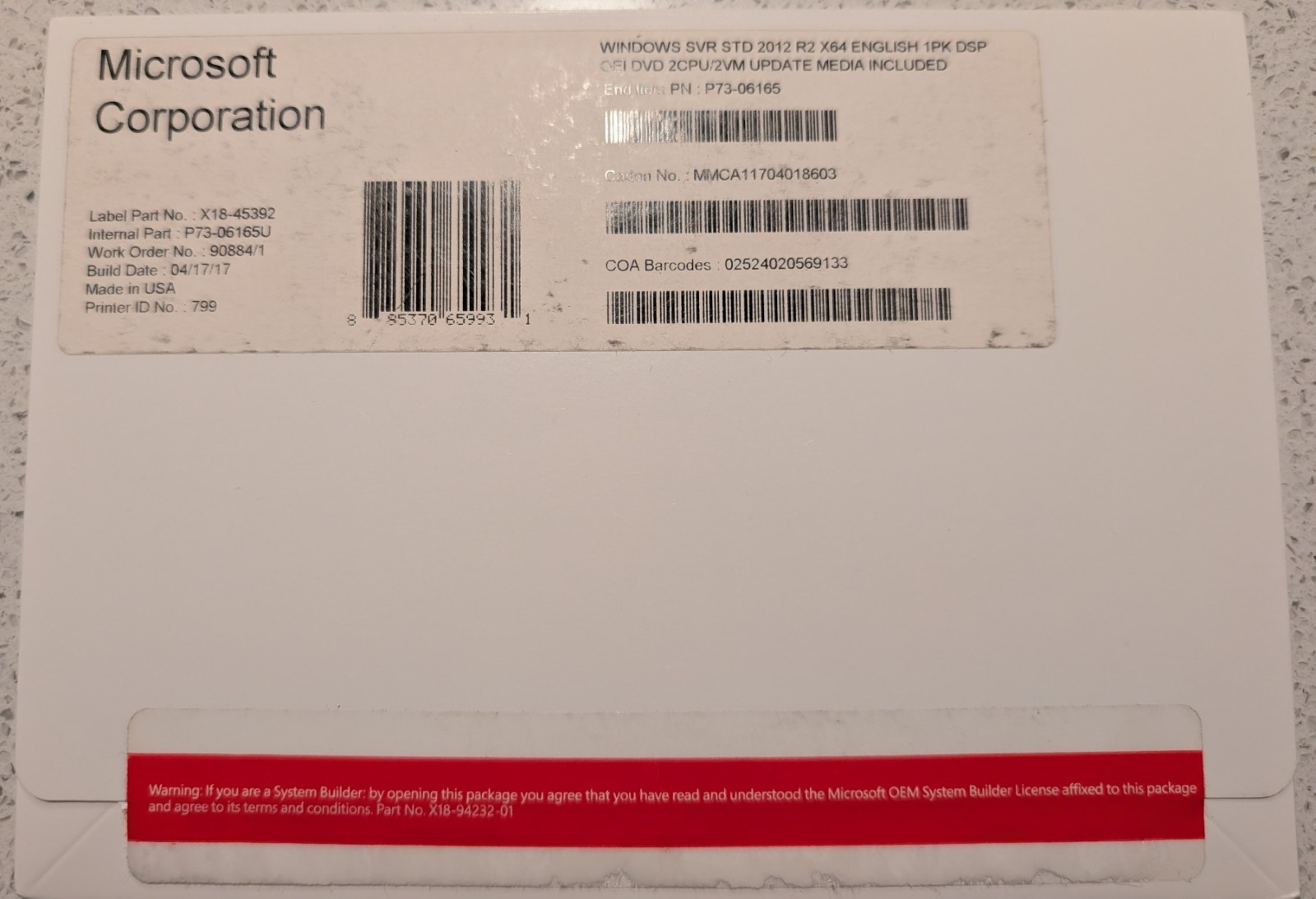 UNOPENED WINDOWS SVR STD 2012 R2 X64 ENGLISH 1PK DSP OFI DVD 2CPU/2VM