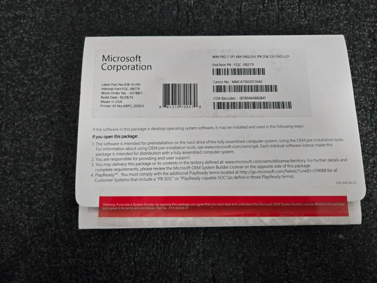 Microsoft Windows Win Pro 7 SP1 X64 English DSP OEI DVD LCP Disc Only