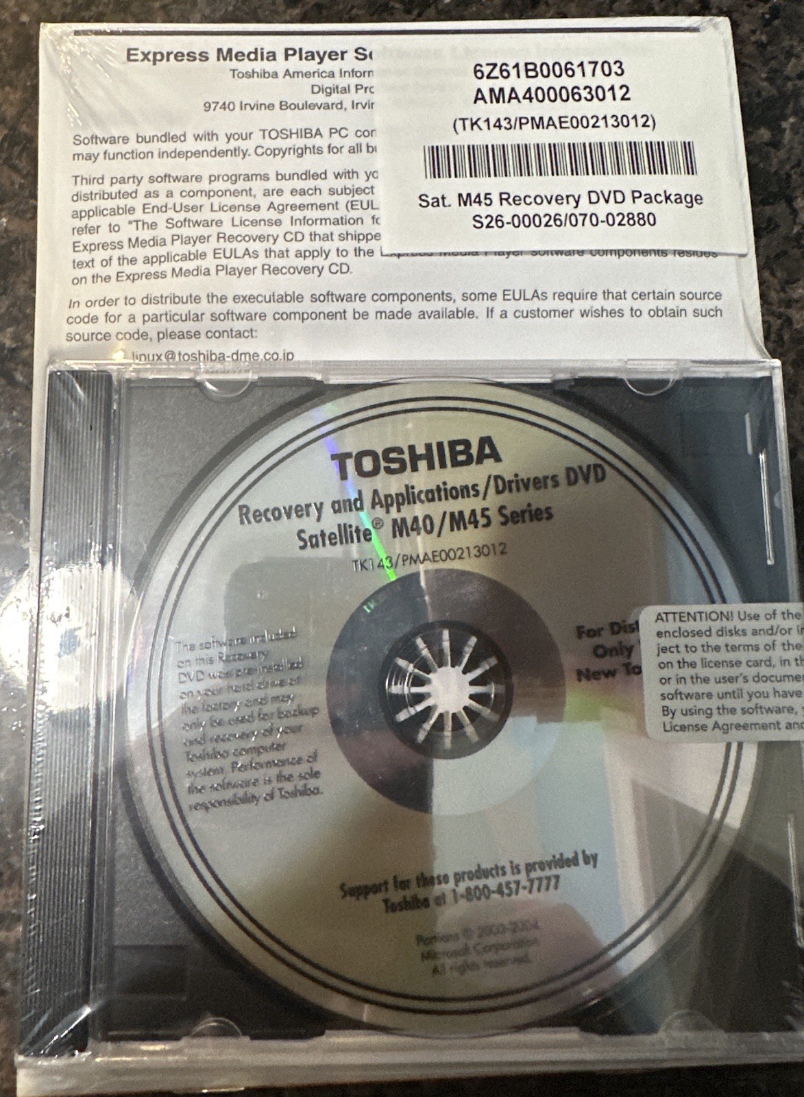 Toshiba Recovery DVD Kit + Windows XP Home Edition COA (OEM) M40/M45 •New/Sealed
