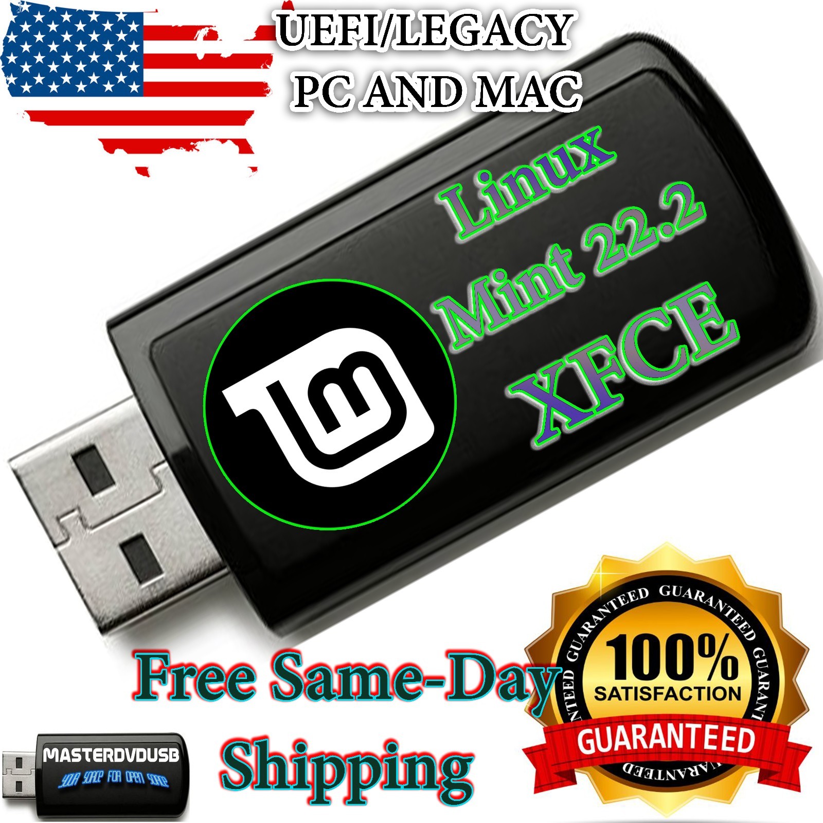 Linux Mint XFCE 22.2 Bootable USB Installer -Latest Version Same Day Shipping