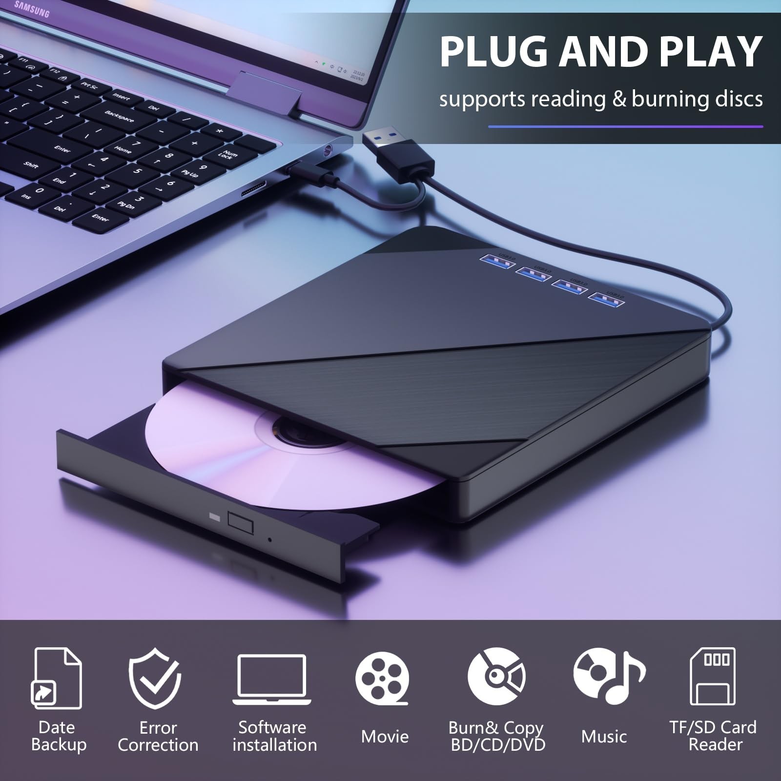 External Blu ray Drive, 7 in 1 Support 100G Disc R/W, USB3.0 Type-C Bluray Dr…