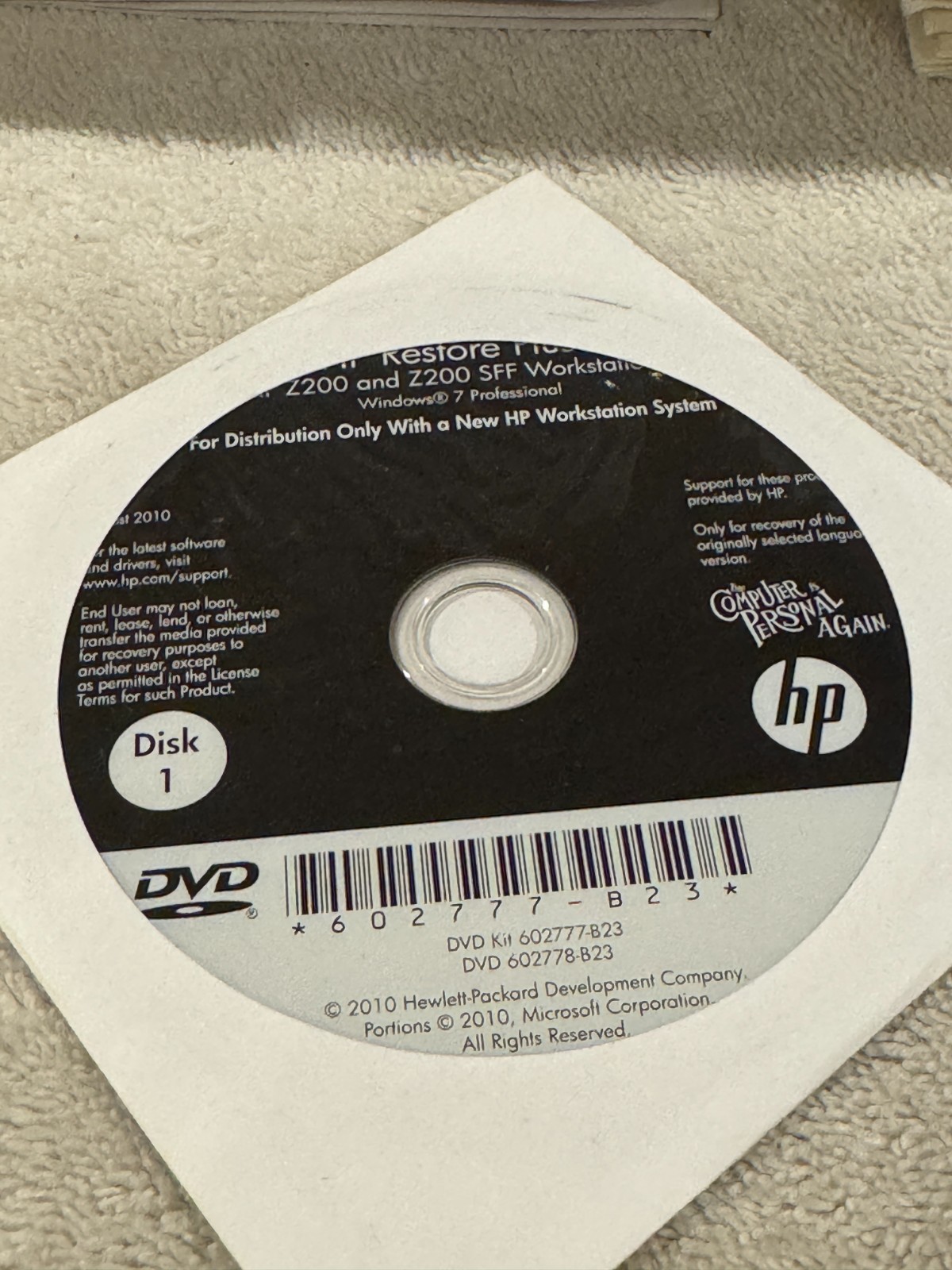 HP Restore Plus! HPZ200 & Z200 SFF Win 7 Pro – CD IN VERY GOOD CONDITION!!!