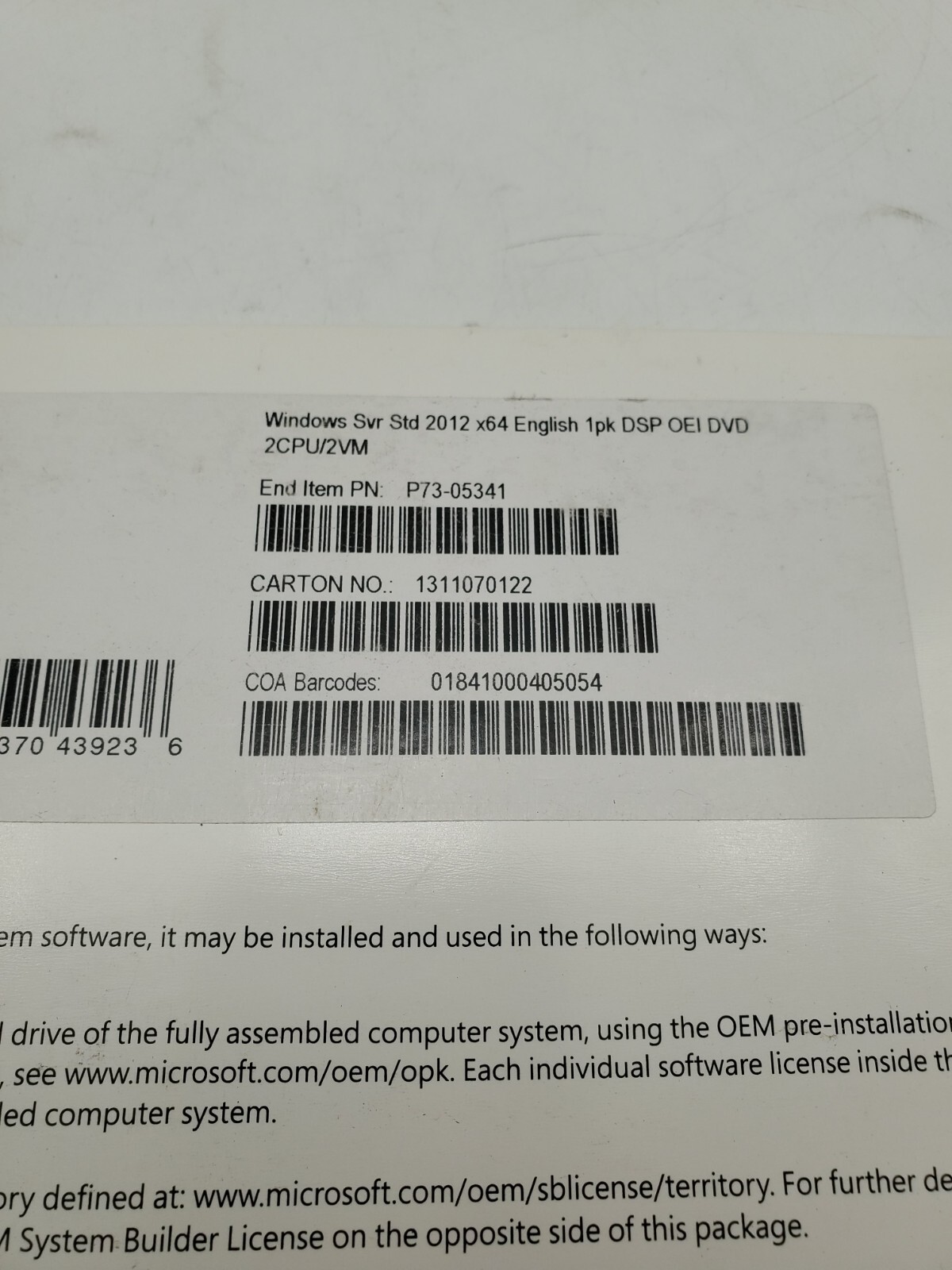 Microsoft Windows SVR STD 2012 x64 English Software DVD 2CPU/2VM