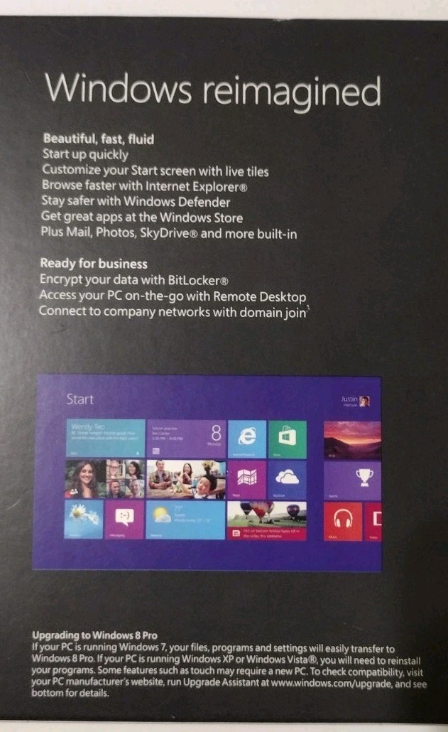 Microsoft Windows 8 Professional Pro Full Upgrade 64Bit 32Bit DVD w/ Product Key