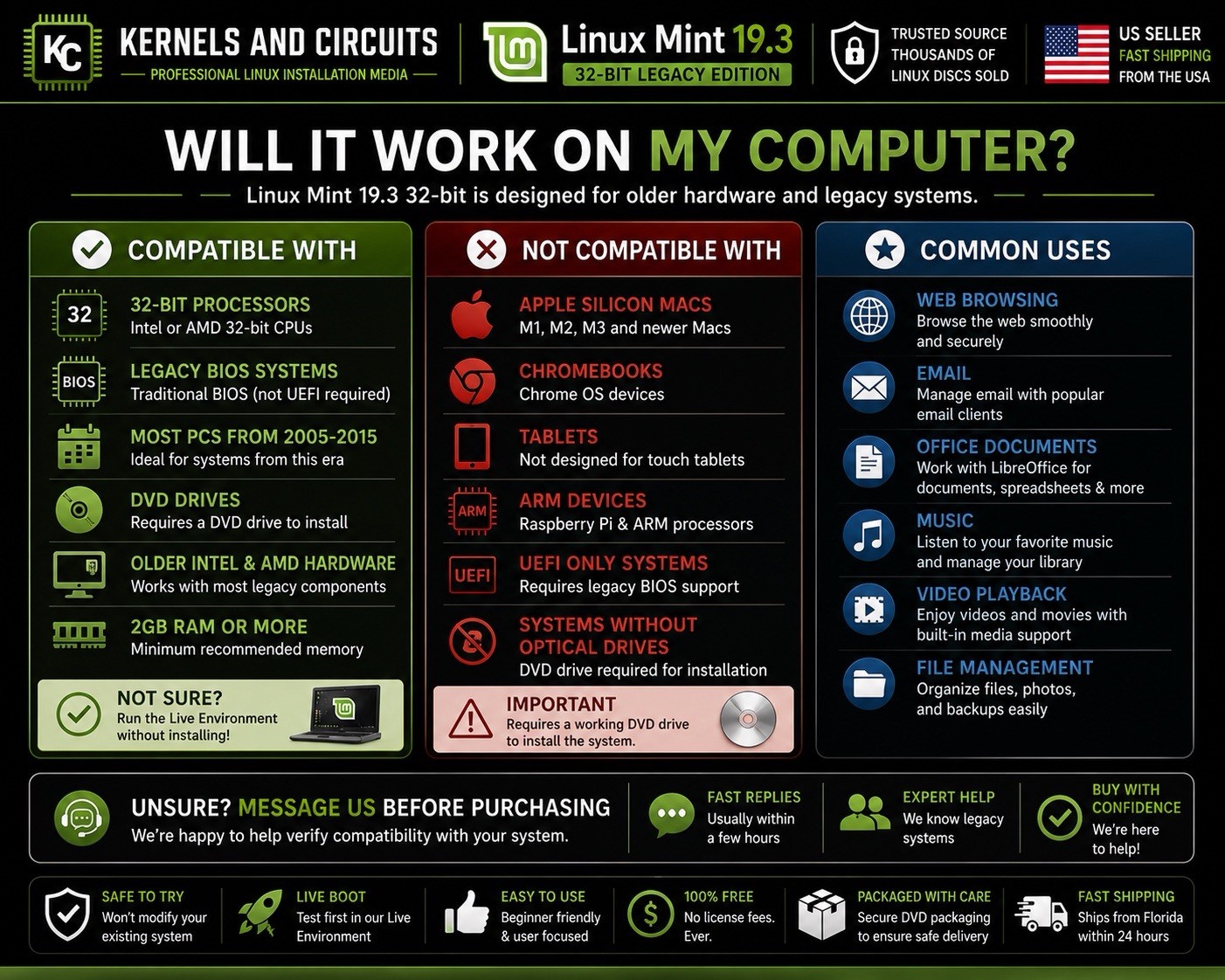 Linux Mint 19.3 Tricia Xfce 32-bit Live CD Boot DISC Revive your old PC FAST!