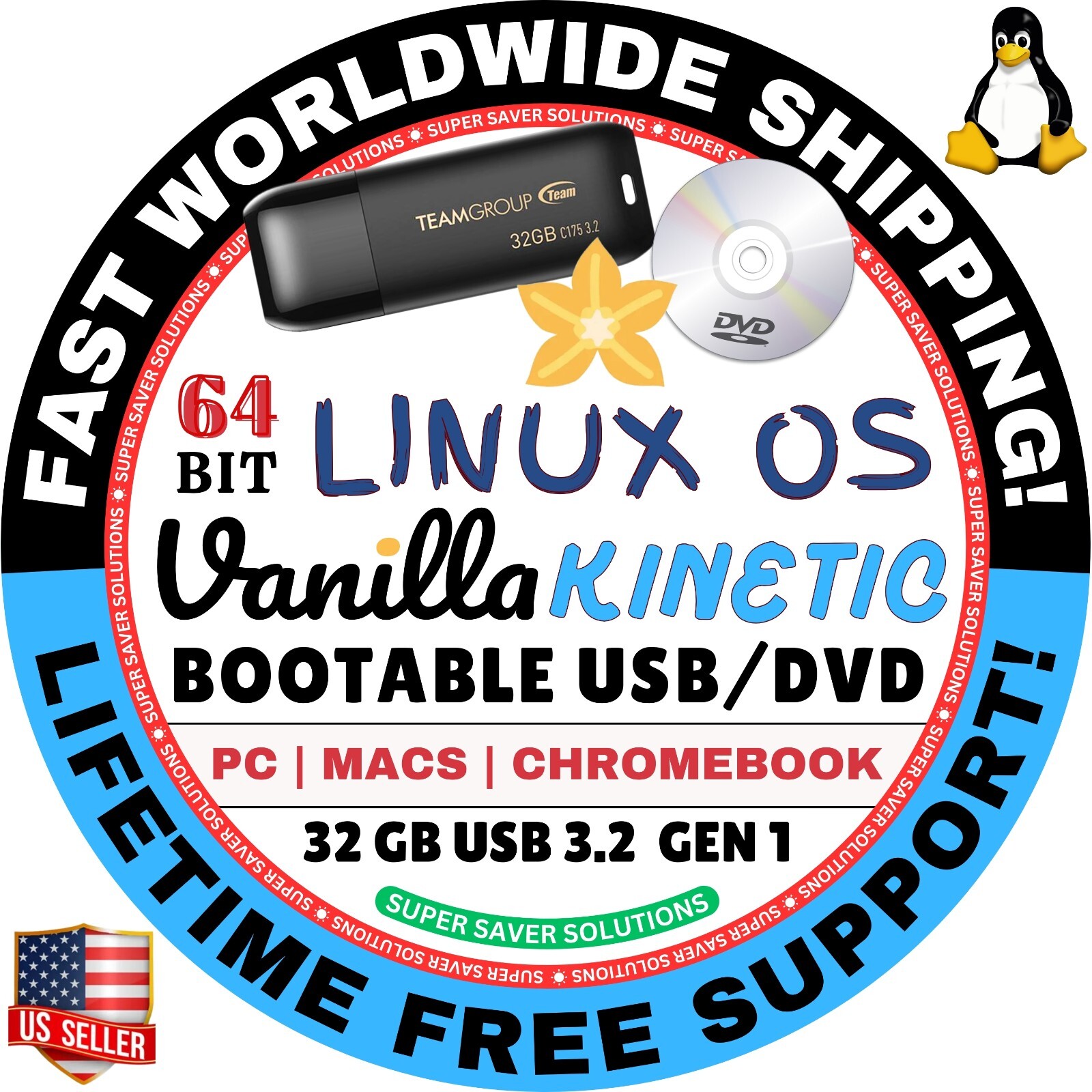 VANILLA LINUX OS KINETIC 1, ORCHID 2, 64-BIT USB/DVD, BOOT FULL for MACs & PCs