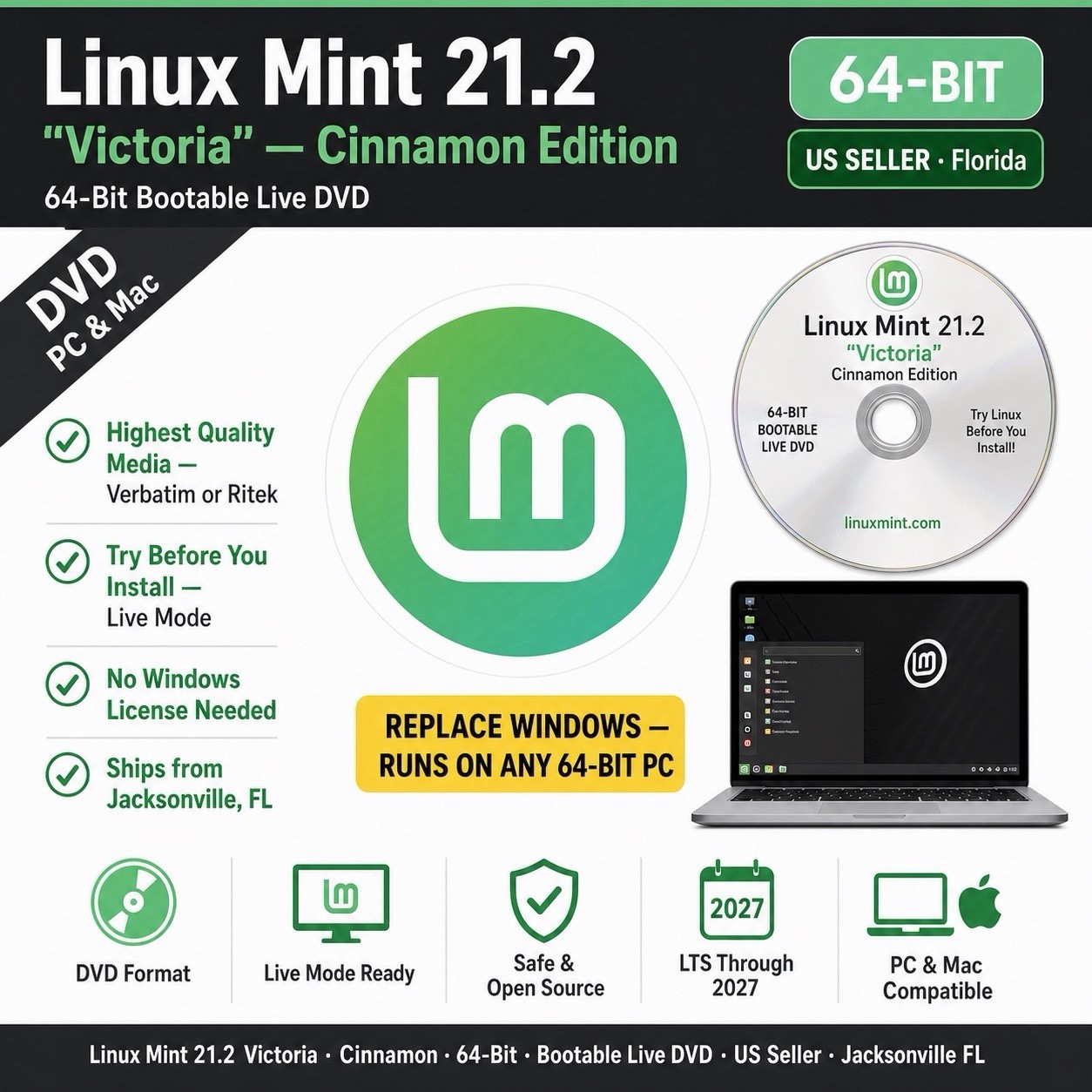 Linux Mint 21.2 Cinnamon „Victoria” 64 bit BOOTABLE LIVE INSTALL DVD