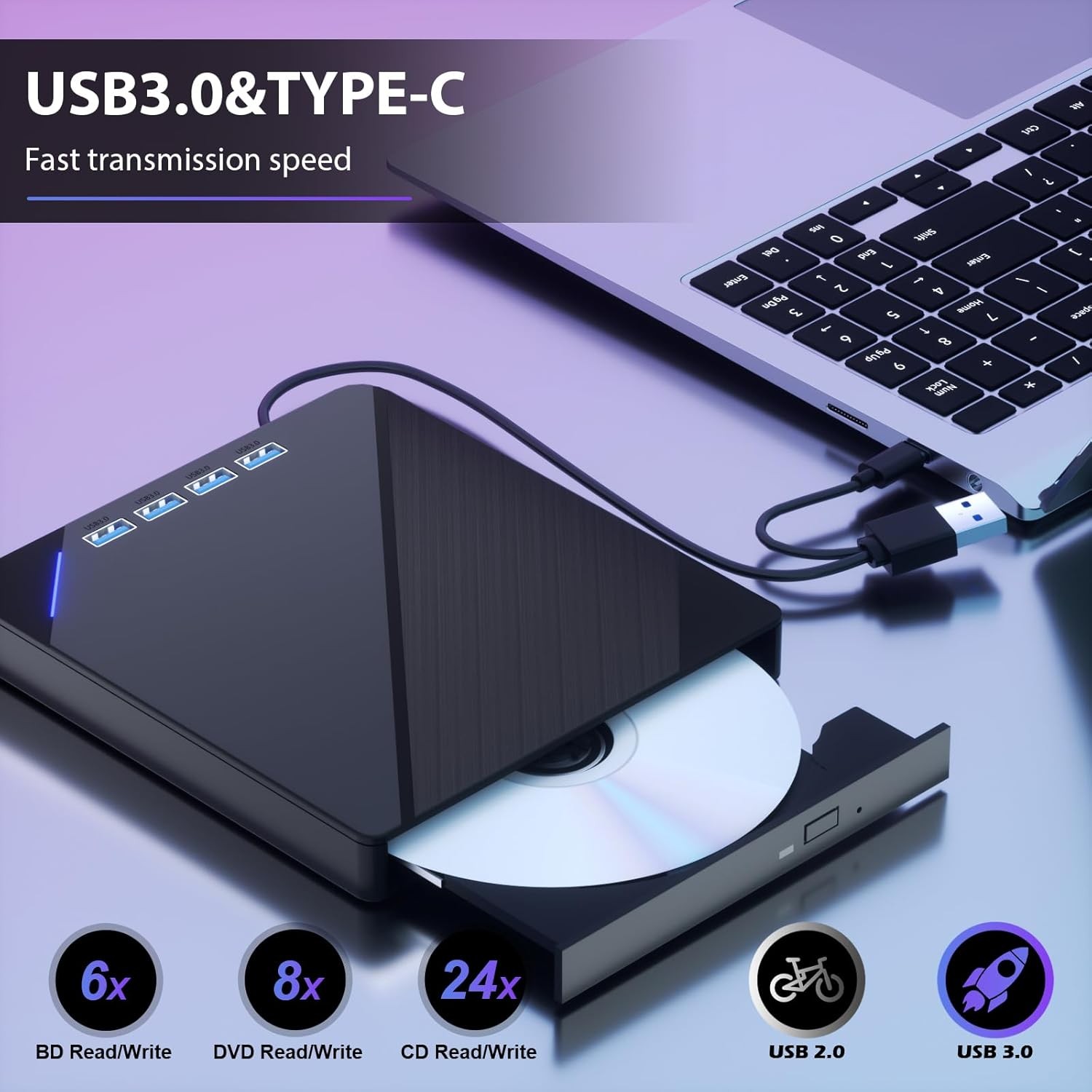 External Blu ray Drive, 7 in 1 Support 100G Disc R/W, USB3.0 Type-C Bluray Drive