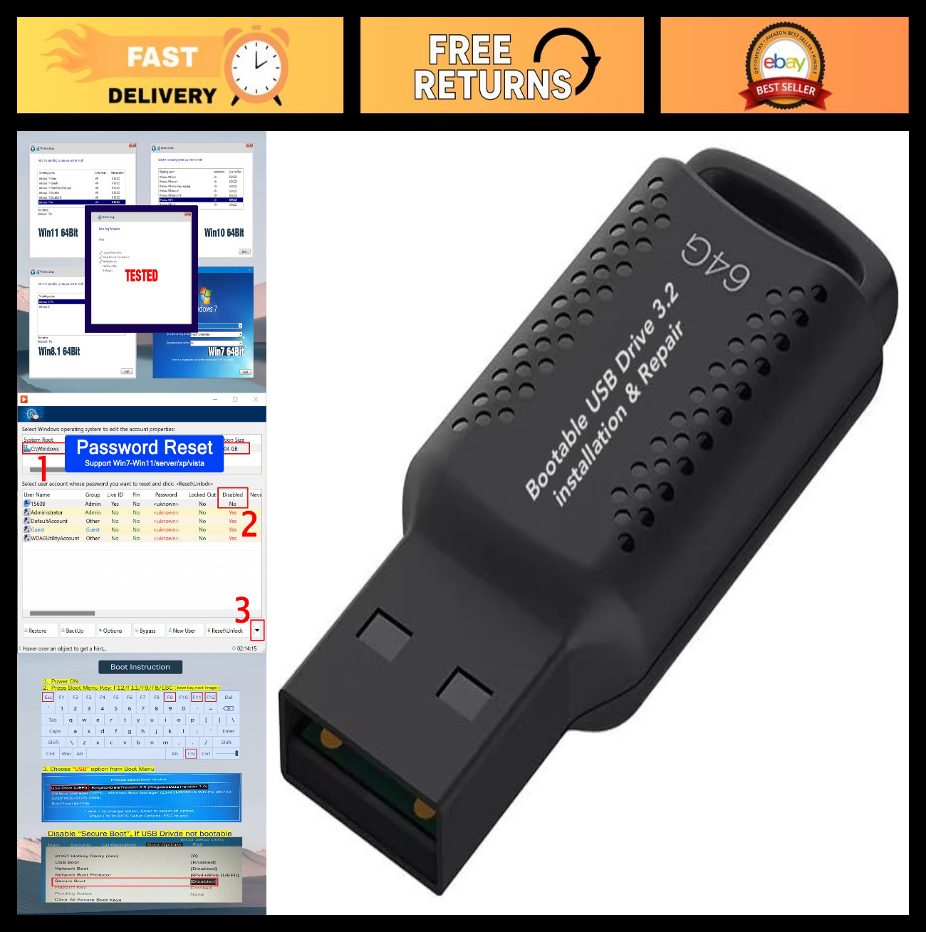 64GB Bootable USB Drive 3.2 for Windows 11/10/8.1/7, WinPE, Password Reset, UEFI