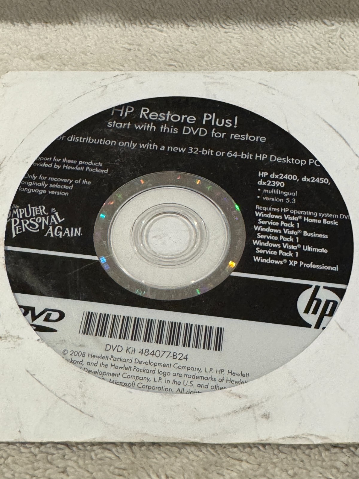 HP Restore Plus! dx2400 dx2450 dx2390 – CD ONLY IN GOOD CONDITION!!!
