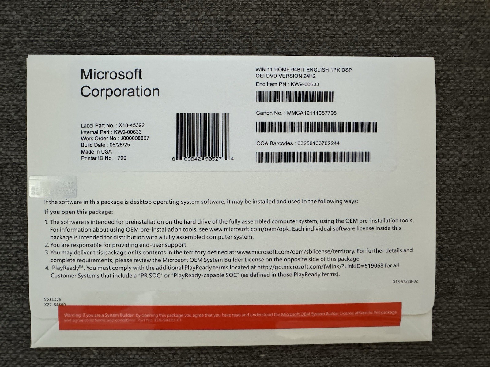 Windows Win 11 Home 64 bit DVD with Genuine License Product Key New & Sealed.