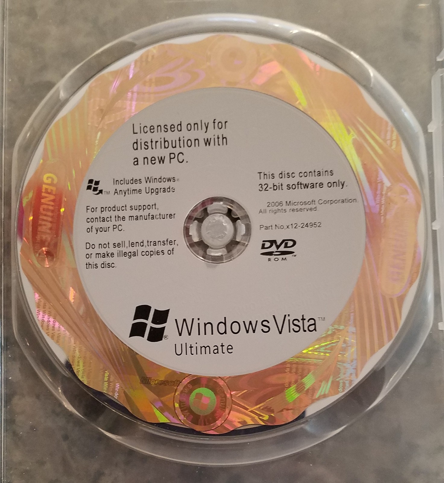 MICROSOFT WINDOWS VISTA ULTIMATE OEM, 32 BIT. DISC, DVD CASE, COA and BOOKLET