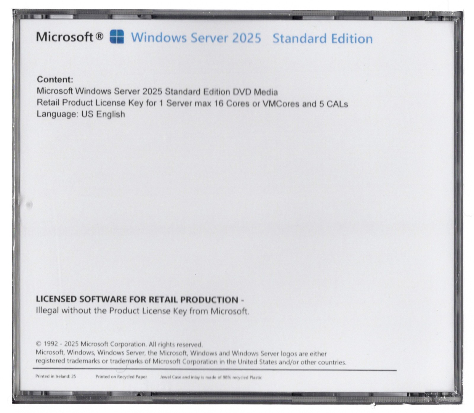 Windows Server 2025 Standard with 5 CALs, 16 Cores. Retail License, English.
